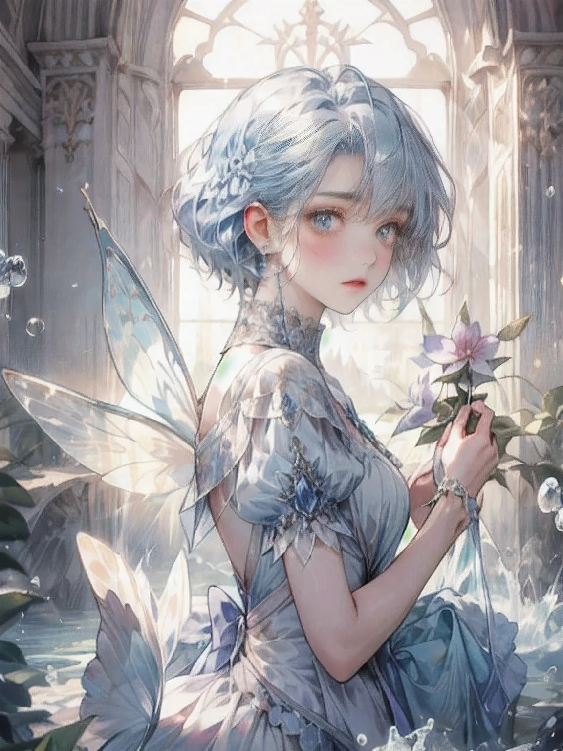 (masterpiece),(highest quality),highres,(an extremely delicate and beautiful),(extremely detailed),Amazing,finely detail,
from side, bright light blue hair, water lighting fairy wings, the dress worn by the water fairy princess is adorned with fluttering frills and delicate lace Around Her, The Water's Surface Sparkles, and Each Frill Sways Graciously with the Flow of the Water. The dress has a translucent quality, and its fluffy texture accentuates the princess's mystical beauty.