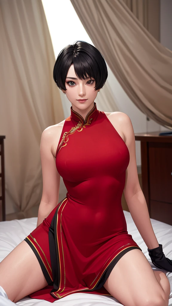 (((Wearing a red slit cheongsam,Black gloves on both hands。(((Kurotsuchi,short black hair,black pupils,Good-looking, ))),(((wide hips))),S-shaped body:1.7))),((masterpiece)),high resolution, ((Best quality at best)),masterpiece,quality,Best quality,((( Exquisite facial features,looking at the audience,There is light in the eyes,lol,confidence ))),(((Light and shadow interlace,huge ))),(((looking into camera,Kneel and put on)))