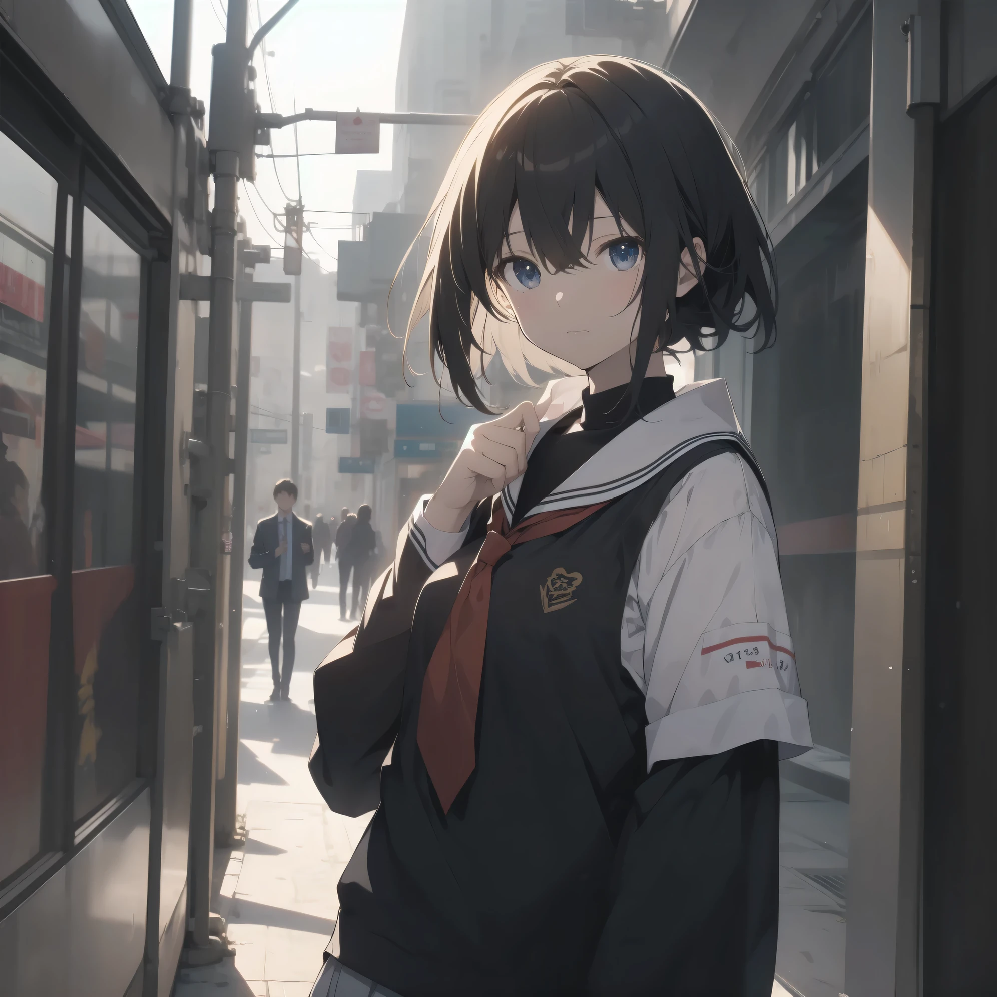 ultra-absurdres-Top quality by artist God, ultra-detailed, high resolution, anime moe artstyle, best anime 8k konachan wallpaper, pixiv contest winner, pool:2810, perfect ???????,break, 1girl, (Please draw a girl walking to school alone. )break,(Solo,little female, 13-year-old:1.3),Full limbs, complete fingers,a junior high school student, (very short hair), short cut, flat chest, , small butt, small black eyes, beautiful detailed eyes, well-proportioned iris and pupils, expressive eyes, highres detailed hair, soft expression, school_uniform, serahuku, neckerchief, short sleeves, pleated skirt,(Detailed Lighting), (Detailed background), in the School commute route. break,super detailed skin, Best cinematic lighting powered by famous artist, 8k,beauty illustration,photoshop_(medium),very aesthetic,break,((artist:dd_(ijigendd) )), artist:bolze ,artist:oyari ashito ,artist:kantoku ,