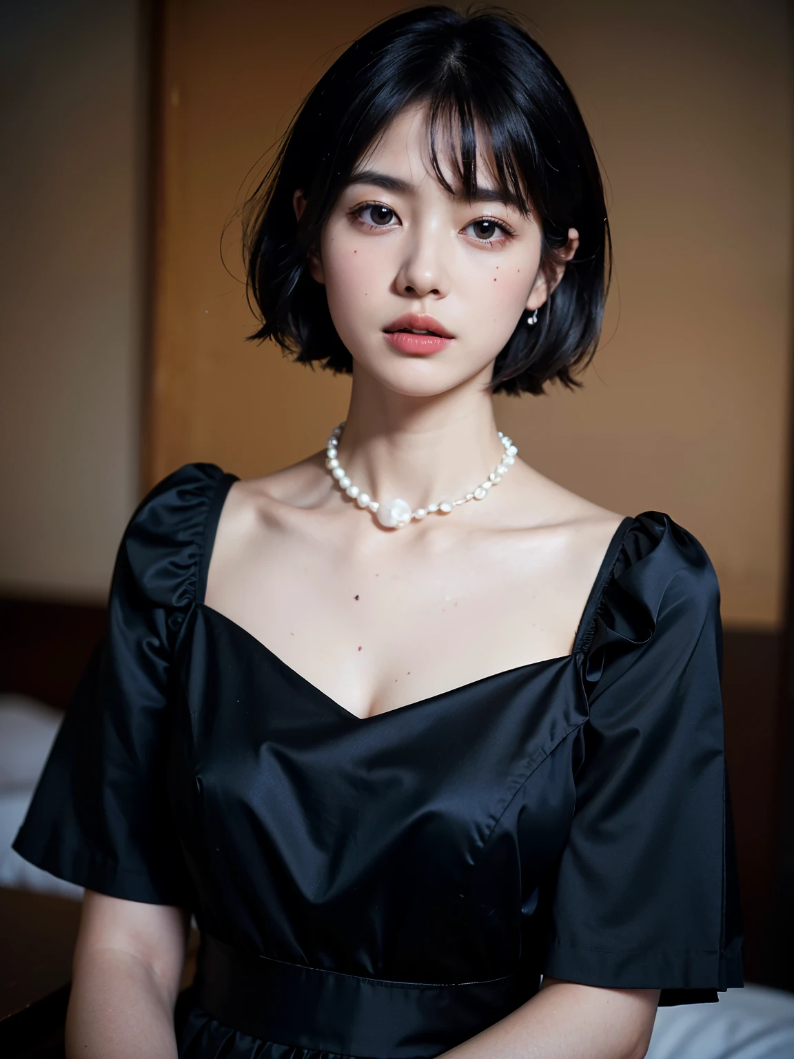 (highest quality, 8k, 32k, masterpiece, Ultra-high resolution:1.2),Beautiful Japanese Women Photos, （D cup breasts:1.4), Very short bob hair,Upper Body,Face Focus,（black formal blouse：1.4）、black ruffle blouse,（Pearl Necklace:1.4), （captain&#39;Living quarters on a nuclear submarine:1.4), （Sitting at a big desk：1.2）、from the front, View your audience,