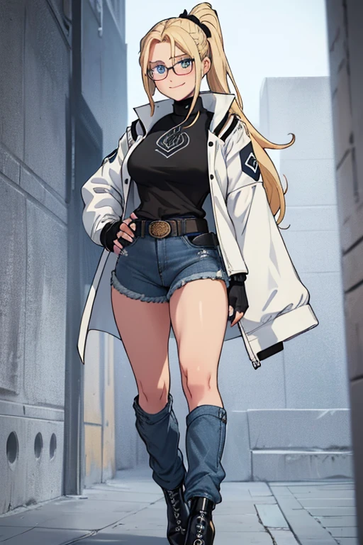 female, blonde long hair in a ponytail, blue eyes, (((1girl))), (((white and black jacket with rolled up sleeves))), (black shirt), (blue denim jeans), (black belt), (black low heels), (black fingerless gloves), (glasses), cute and sexy, full body, modest breasts, modest butt, long legs, smiling