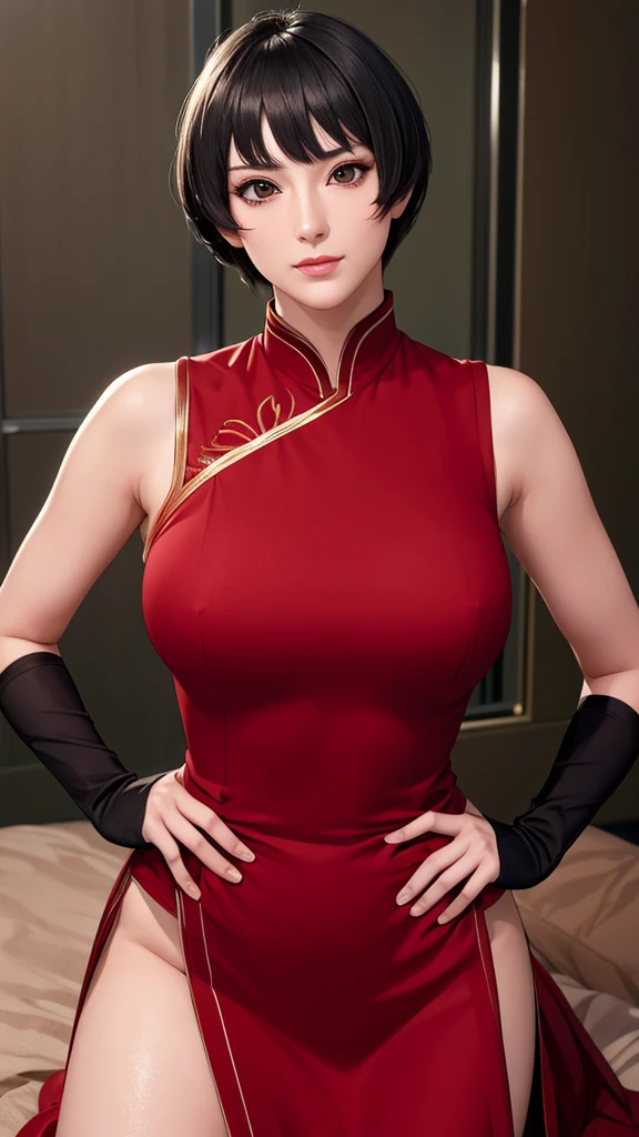 （（（Wearing a red slit cheongsam，Black gloves on both hands。（（（Kurotsuchi，short black hair，black pupils，Good-looking， ））），（（（wide hips））），S-shaped body:1.7））），((masterpiece)),high resolution, ((Best quality at best))，masterpiece，quality，Best quality，（（（ Exquisite facial features，looking at the audience,There is light in the eyes，lol，confidence ））），（（（Light and shadow interlace，huge ））），（（（looking into camera，Kneel and put on）））