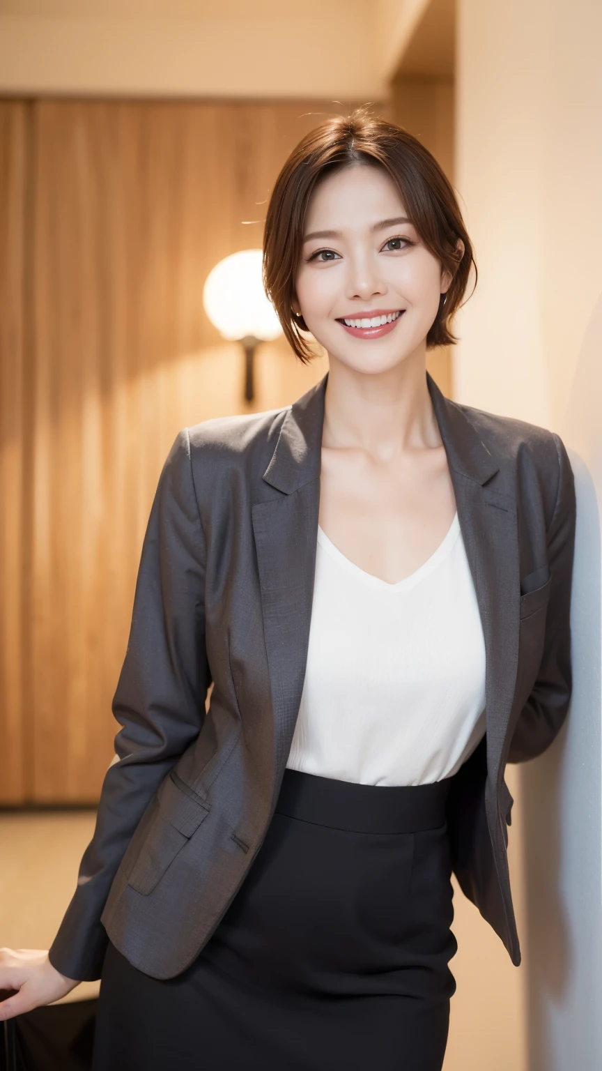 masterpiece,highest quality, (Mature Woman、42 years old), Glare, (Grey blazer), (White shirt:1.2), (Black pencil skirt:1.4)、double eyelid, eyelash, Lip gloss, (smile:1), (Looking at the audience、Whole body image、Are standing), (Modern hotel lobby:1.6)、Written boundary depth、尖ったRed Mouth、(Black wet shiny short hair),Red Mouth,clavicle、(Full body portrait:1.6)、Digital Illustration, (Realistic:1.3),(RAW Photos.)