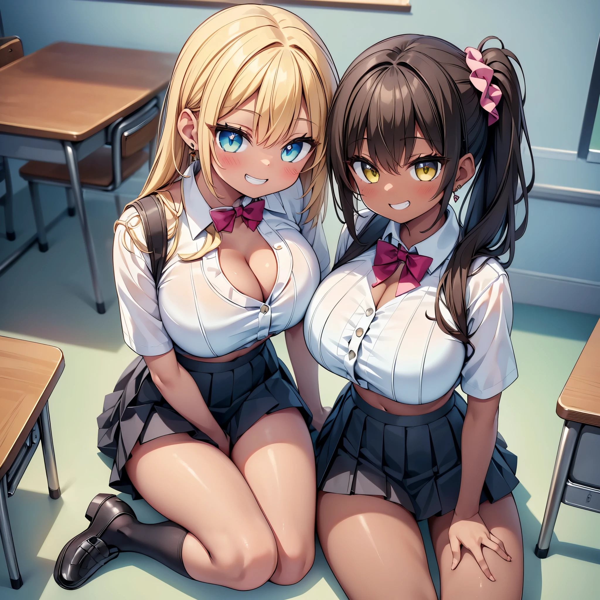 (cute eyes:1.2), (sparkling eyes:1.2), (8K、Best image quality、highest quality、masterpiece)、Detailed face、(2 girls)、Improve、((Brown Skin:1.3))、blonde、Low Ponytail、Scrunchie、Yellow Eyes、Earrings、Wicked Smile、((Grin))、 (skinny body:1.3), (huge breasts:1.1)、((White collared shirt))、(cleavage cutout:1.2), (crop top navel), Cleavage、((Black pleated skirt))、((mini skirt))、White socks、loafers、Sit on a chair、whole body、Taken from above、Classroom Background、 (black stockings:1.1), (Thighs), (Waistline),(from above:1.1)