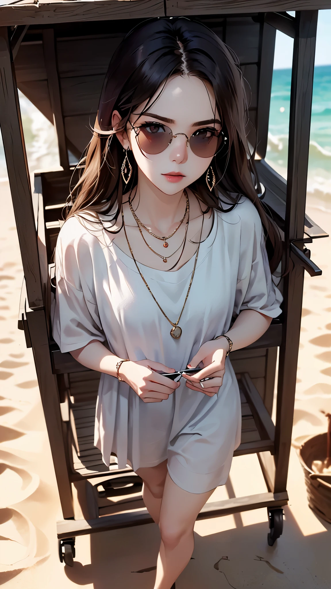 ((Biologically correct limb count))、((Full Body Shot, Full-body photo including face))、4K、masterpiece、((Focus on the face))、((Symmetrical facial features))、Eyes of meticulous depiction、Beautiful woman、Excellent style、Beautiful feet、(High heels)、Facial detailing、Small earrings、necklace、((Close-up photo of the upper body))、(Upper body T-shirt、Box Pleated Cart)、Strong sunlight、Scene of walking on the beach、Holding down your hair、Wearing sunglasses