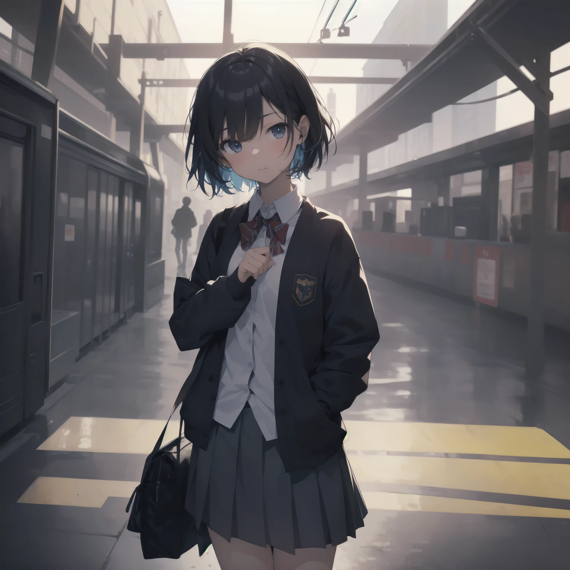 ultra-absurdres-Top quality by artist God, ultra-detailed, high resolution, anime moe artstyle, best anime 8k konachan wallpaper, pixiv contest winner, pool:2810, perfect anatomy,break, 1girl, (Please draw a girl walking sleepily to school alone. )break,(Solo,little female, 13-year-old:1.3),Full limbs, complete fingers,a junior high school student, (very short hair), short cut, flat chest, , small butt, small black eyes, beautiful detailed eyes, well-proportioned iris and pupils, expressive eyes, highres detailed hair, soft expression, school_uniform, bowtie, collared shirt. pleated skirt,(Detailed Lighting), (Detailed background), in the School commute route. break,super detailed skin, Best cinematic lighting powered by famous artist, 8k,beauty illustration,photoshop_(medium),very aesthetic,break,((artist:dd (ijigendd) )), artist:bolze ,artist:oyari ashito ,artist:kantoku ,