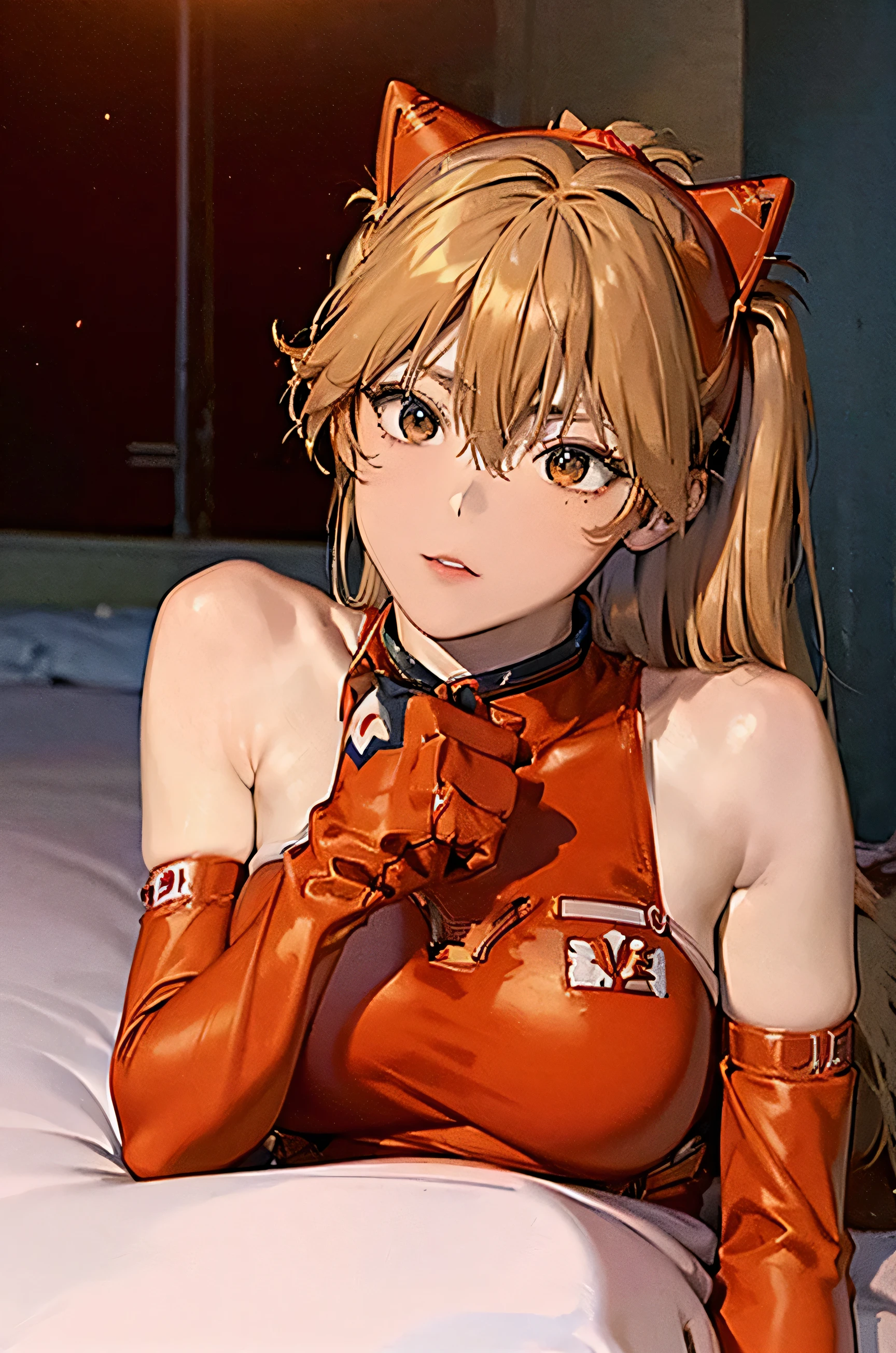 ((Soryu Asuka Langley, Interface Headset, Red plug suit:1.4, blonde,Great style)) ((high resolution))
((composition:Impressive,Gaze Here,Lying in bed))
