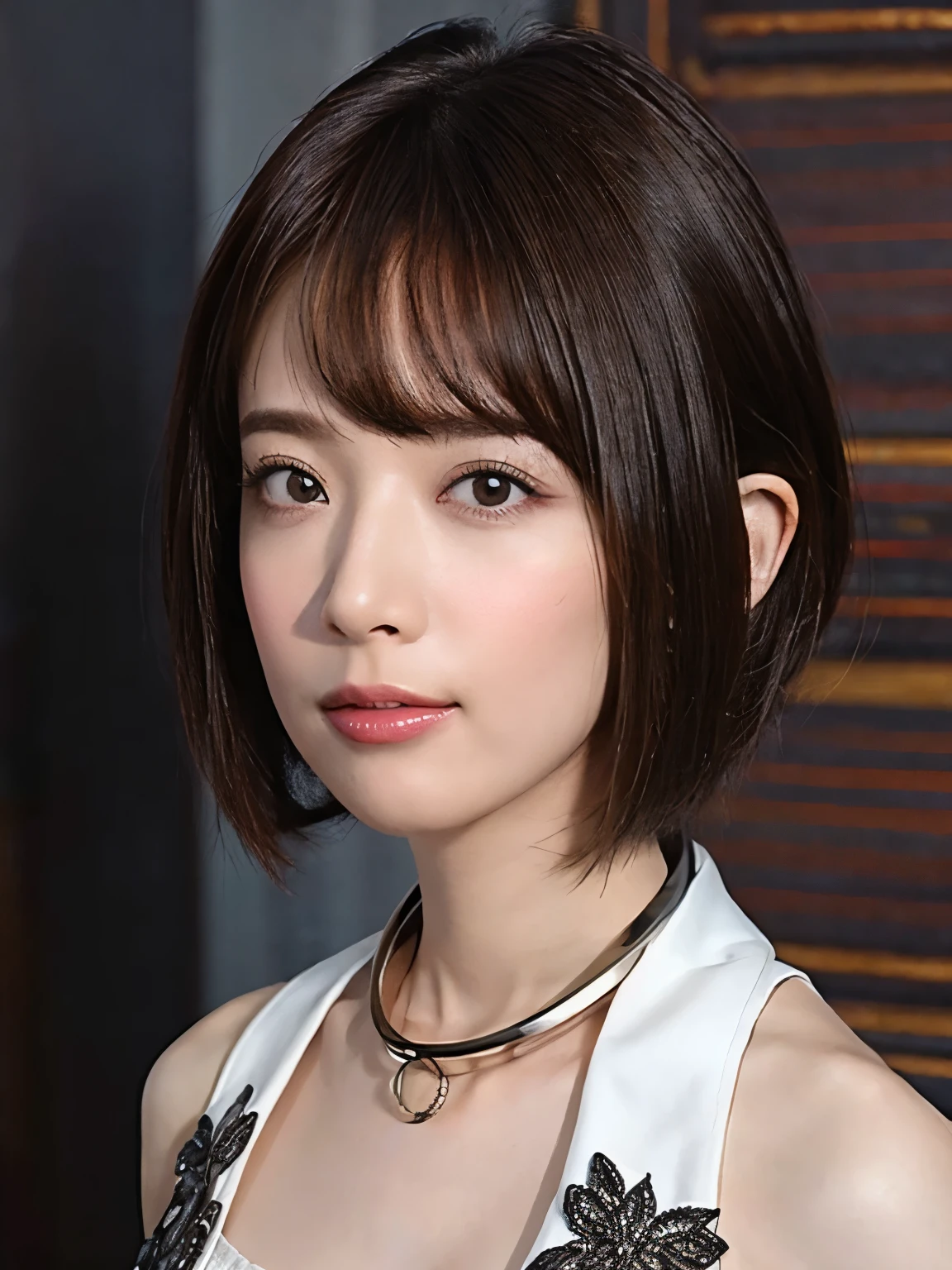 (best quality,masterpiece:1.2),(photo-realistic,realistic:1.4),RAW photo,high resolution,intricate details,exmetely detailed, cinematic lighting, (portrait,front view,looking at viewer:1.5),solo,a Japanese female, (detailed face,detailed eyes),pale skin,fine-textured skin,((Iron collar)),((short hair)),((collarbone,off shoulder dress)),simple background,