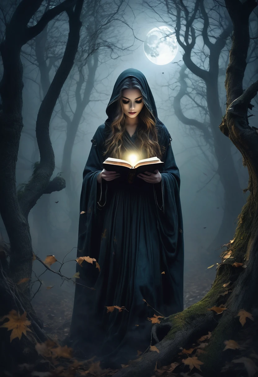 (best quality,4k,8k,highres,masterpiece:1.2),ultra-detailed,(realistic,photorealistic,photo-realistic:1.37),dark and mystic,surreal,ethereal,haunting,with soft and diffused lighting,subtle and muted tones,ominous atmosphere,delicate tendrils of smoke swirling,fragile and delicate bones,flowing and intricate robe,wind-blown hair,ominous and glowing eyes with a hint of magic,thin and bony fingers,standing in a foggy forest,moonlit night with a full moon casting an eerie glow,ancient and worn book of spells,thorny vines twisting around the trees,cats with glowing eyes lurking in the shadows,mysterious symbols and sigils carved into the trees,whispers of magic in the air,unsettling silence broken only by the rustling of leaves. Note:This example exceeds the maximum number of tags.,Please modify it to contain less than 40 tags,And the number of words is less than 60。