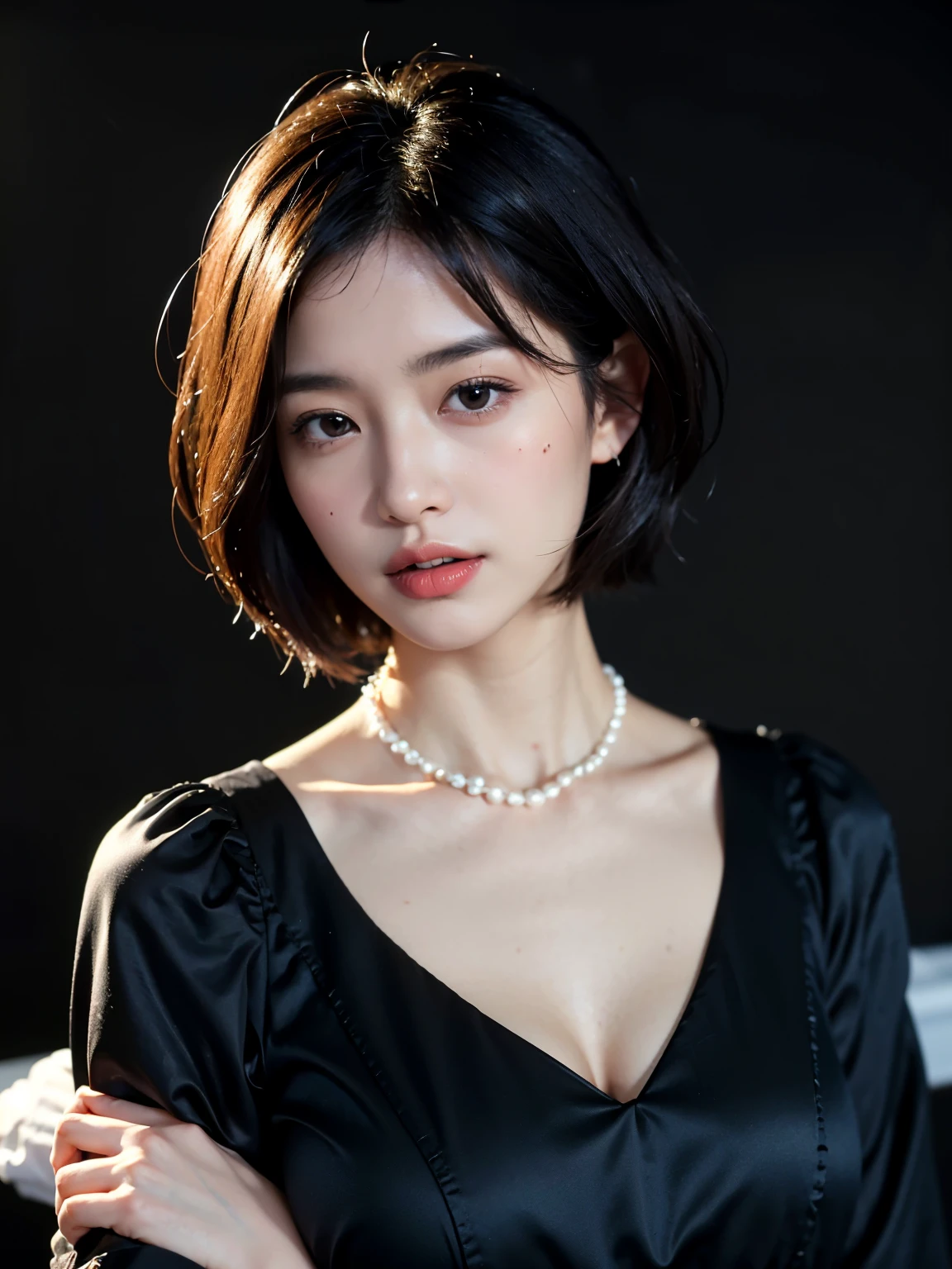 (highest quality, 8k, 32k, masterpiece, Ultra-high resolution:1.2),Beautiful Japanese Women Photos, (D cup breasts:1.4), Very short bob hair,Upper Body,Face Focus,(black formal blouse:1.4)、black ruffle blouse,(Pearl Necklace:1.4), (captain'Living quarters on a nuclear submarine:1.4), (Sitting at a big desk:1.2)、from the front, View your audience,