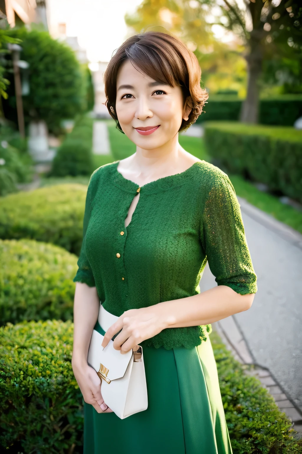 (8k, highest quality, masterpiece: 1.2), Japanese women, Super detailed, highest quality, Ultra-high resolution, Professional Lighting, Photon Mapping, Radio City, Physically Based Rendering, Cinema Lighting, Depth of written boundary, focus on, Sun rays, Good composition, (Bokeh: 1.2), 1 female, (whole body), Bright smile, Beautiful Eyes, Pause, narrow, Brown Hair, short hair, Prairie Blouse Green, skirt, garden,Japanese,Mature Woman,D cup breasts