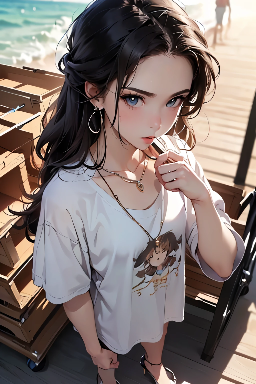 ((Biologically correct limb count))、((Full Body Shot, Full-body photo including face))、4K、masterpiece、((Focus on the face))、((Symmetrical facial features))、Eyes of meticulous depiction、Beautiful woman、Excellent style、Beautiful feet、(High heels)、Facial detailing、Small earrings、necklace、((Close-up photo of the upper body))、(Upper body T-shirt、Box Pleated Cart)、Strong sunlight、Scene of walking on the beach、Holding down your hair、