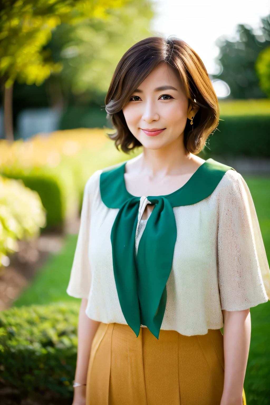 (8k, highest quality, masterpiece: 1.2), Japanese women, Super detailed, highest quality, Ultra-high resolution, Professional Lighting, Photon Mapping, Radio City, Physically Based Rendering, Cinema Lighting, Depth of written boundary, focus on, Sun rays, Good composition, (Bokeh: 1.2), 1 female, (whole body), Bright smile, Beautiful Eyes, Pause, narrow, Brown Hair, short hair, Prairie Blouse Green, skirt, garden,Japanese,Mature Woman,D cup breasts