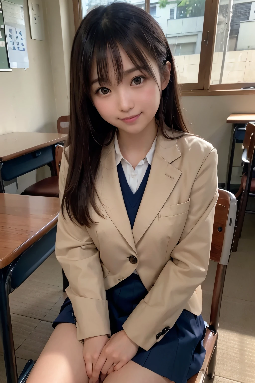 best quality, facial focus, soft light, (depth of field), ultra high res, (photorealistic: 1.4), RAW photo, (sideways) 1Japanese girl, solo, handsome, (shy, smile: 1.1), (brown eyes), detailed beautiful face, (long hair), (seated chair), (school uniform: 1.4, navy skirt, navy Blazer), pet shop,