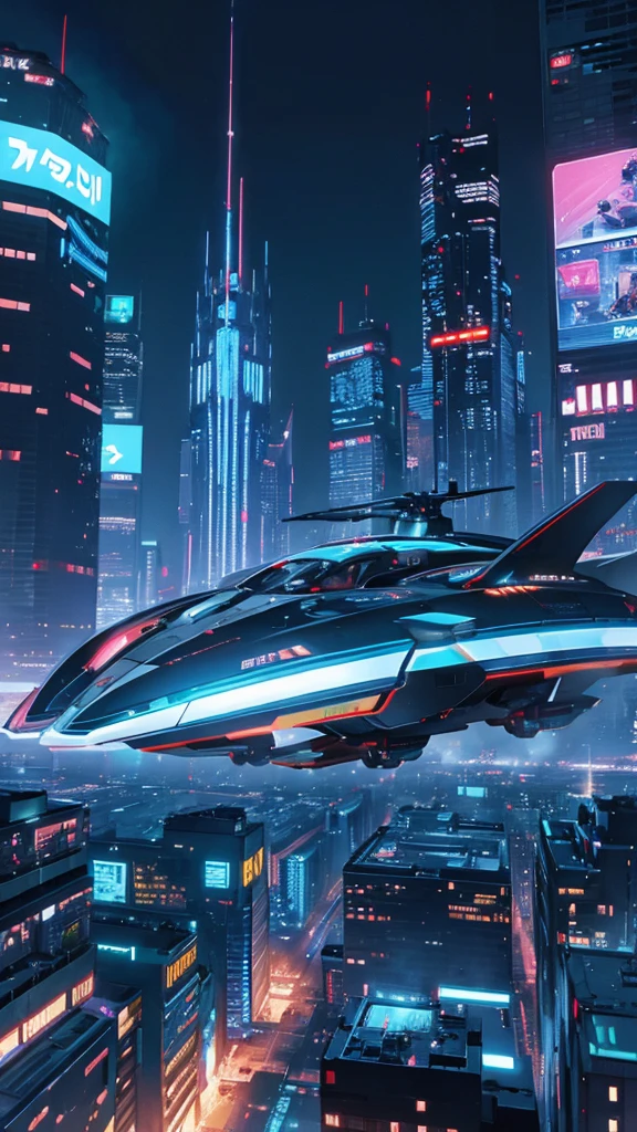 Sci-fi style metropolis at night、Cyberpunk atmosphere、Beautiful night view、A futuristic hovercar passes in front of me.