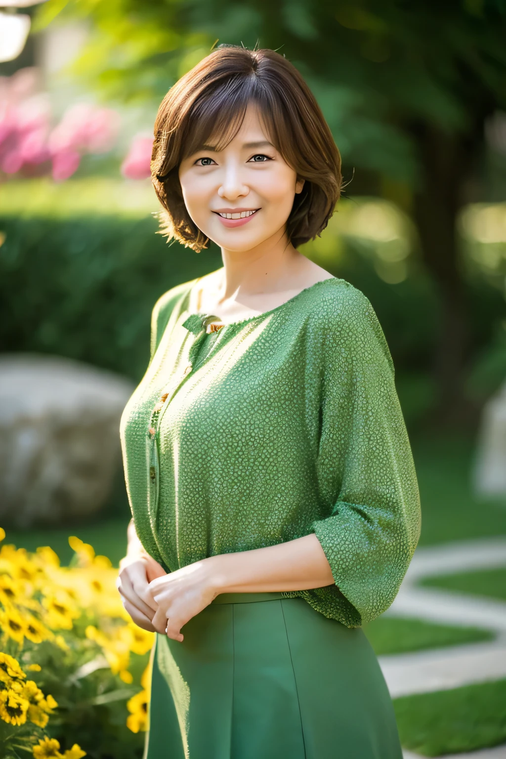 (8k, highest quality, masterpiece: 1.2), Japanese women, Super detailed, highest quality, Ultra-high resolution, Professional Lighting, Photon Mapping, Radio City, Physically Based Rendering, Cinema Lighting, Depth of written boundary, focus on, Sun rays, Good composition, (Bokeh: 1.2), 1 female, (whole body), Bright smile, Beautiful Eyes, Pause, narrow, Brown Hair, short hair, Prairie Blouse Green, skirt, garden,Japanese,Mature Woman,D cup breasts