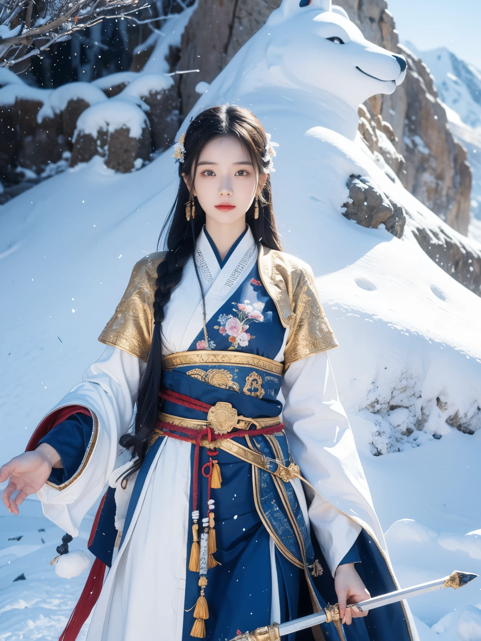 Snow mountain sword painting method, Ancient style woman's cold ice flame sword, Holding a sword burning with blue flames, Dancing with a sword in white clothes, long hair flowing in the snow, Beautiful woman holding a silver sword, Wear jade jewelry, Her face is full of confident smile, She is suspended in the clouds like a fairy, Behind her are layers of mountains