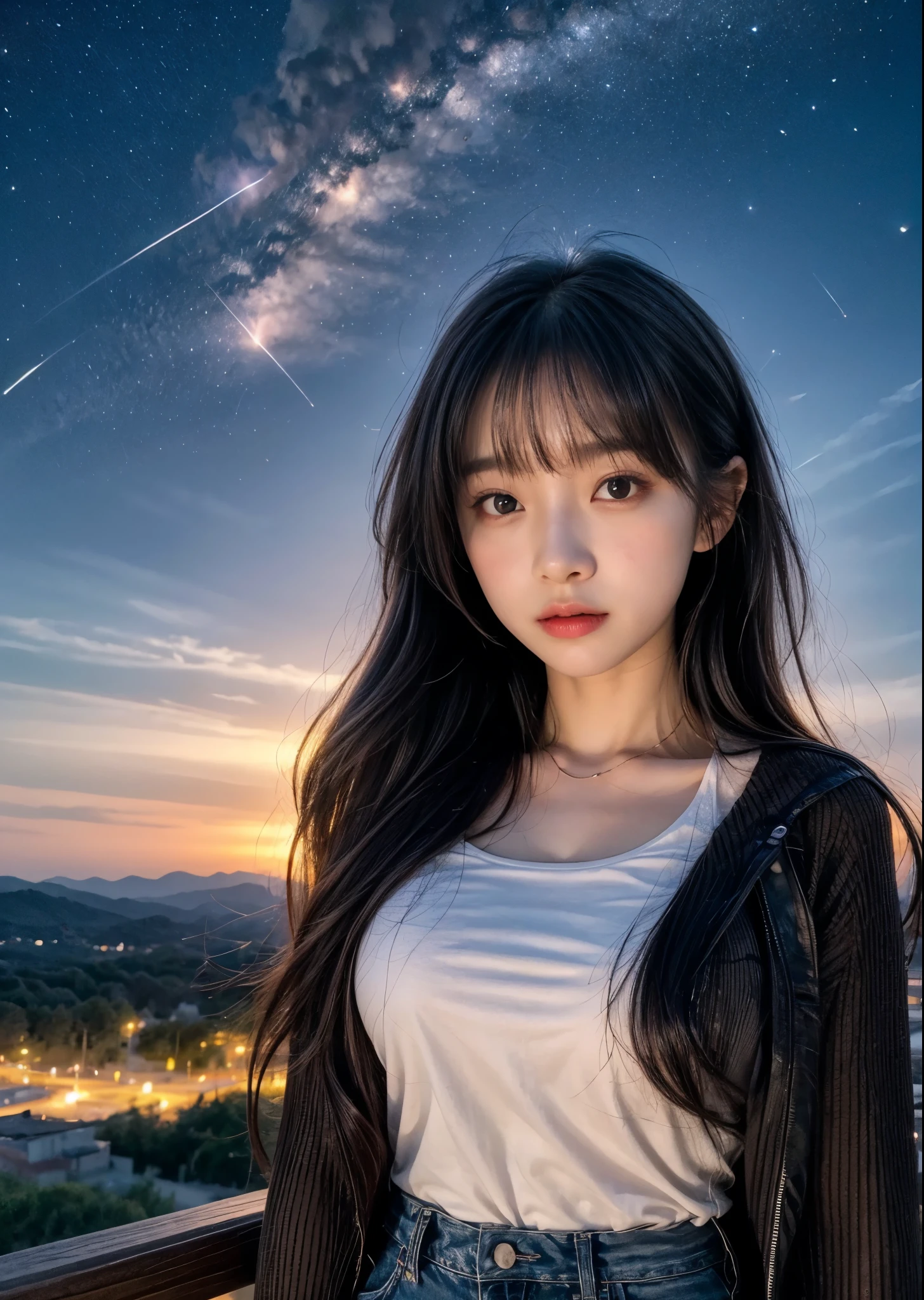 open plateau、Big Dipper、shooting star、A woman standing on a hill at night、e 16-ar-in a rt and shorts、Slim body、Long hair with bangs、(Firefly Light)、I can see the lights of the city in the distance、Sharp images、High color reproducibility、Attention to detail、live-action、Alluring、