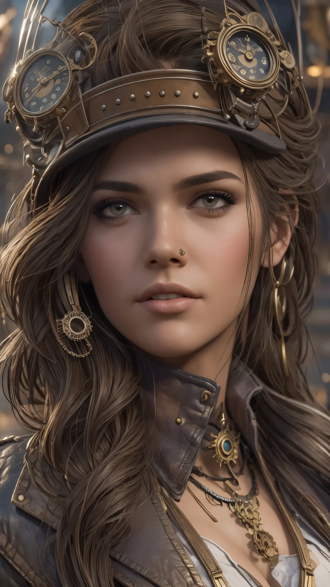 Columbian 19 year old girl, Kassandra, half body view, (front to camera), detailed european face, (aspiring facial expression), (((steampunk style close))), ((steampunk city on the background)), RAW, analog style, ultra detailed photograph, cinematic lighting, artstation, 4k, sharp focus, high resolution, detailed skin, detailed eyes,