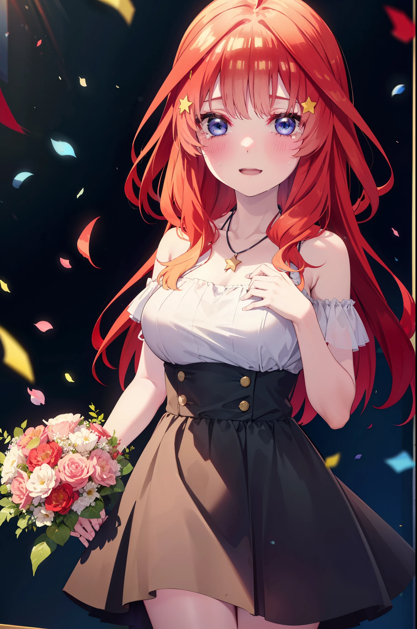 itsukinakano, Itsuki Nakano, bangs, blue eyes, Hair between the eyes, Ahoge, Redhead, star \(symbol\), hair ornaments, tiara,star hair ornaments,smile,blush,Red off-the-shoulder dress,Long skirt,Red Pin Heel,Sleeveless,Exposing shoulders,Bare arms,Bare neck,bare clavicle,Heart Necklace,Tears stream down her face,Tears of joy,I cry a lot,holding a large bouquet of flowers in each hand,Confetti,
break indoors, on stage,
break looking at viewer, (Cowboy Shot:1.5),
break (masterpiece:1.2), highest quality, High resolution, unity 8k wallpaper, (shape:0.8), (Beautiful details:1.6), Highly detailed face, Perfect lighting, Extremely detailed CG, (Perfect hands, Perfect Anatomy),