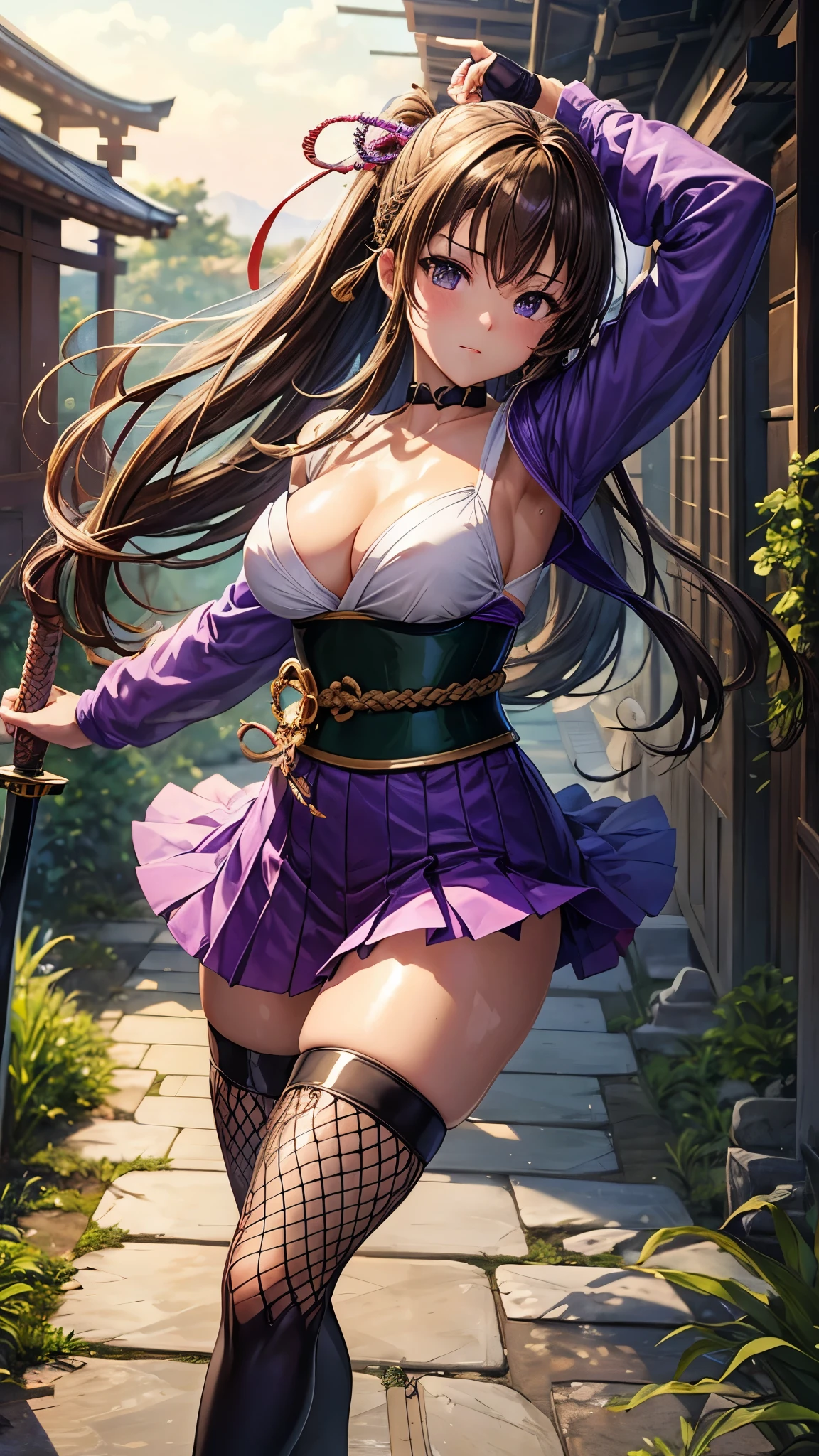 (highest quality)), ((masterpiece)), (Familiar), Perfect Face,Shiny skin,Beautiful breasts,how,Shiny skin、Kyoto Animation style painting、Emerald brown hair、Sunburned skin、night、Holding a Japanese sword、ruins、Combat Stance、Fishnet tights、Braided Hair、spats、inner、Kunoichi clothes、Purple clothes