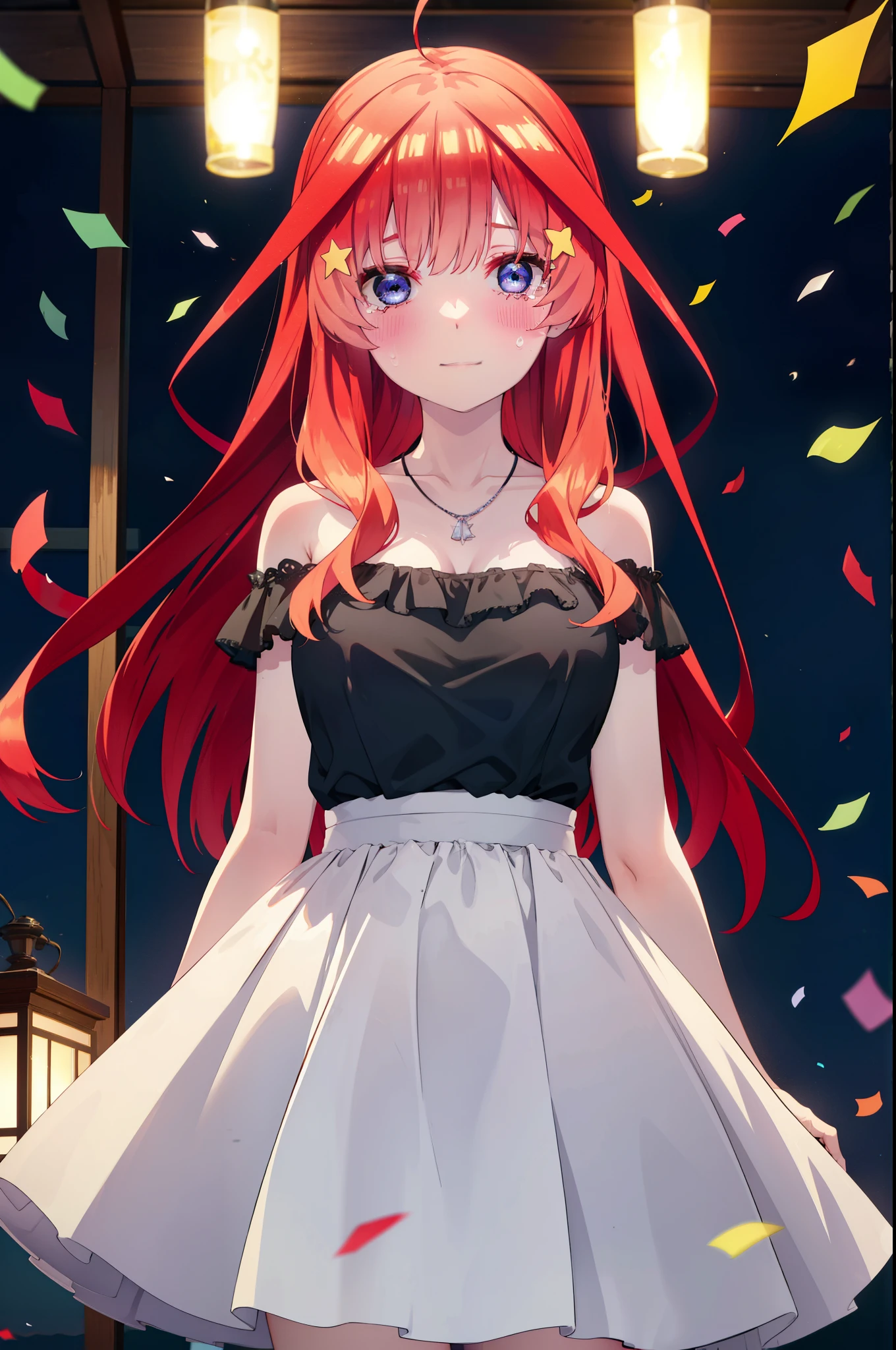 itsukinakano, Itsuki Nakano, bangs, blue eyes, Hair between the eyes, Ahoge, Redhead, star \(symbol\), hair ornaments, tiara,star hair ornaments,smile,blush,Red off-the-shoulder dress,Long skirt,Red Pin Heel,Sleeveless,Exposing shoulders,Bare arms,Bare neck,bare clavicle,Heart Necklace,Tears stream down her face,Tears of joy,I cry a lot,holding a large bouquet of flowers in each hand,Confetti,
break indoors, on stage,
break looking at viewer, (Cowboy Shot:1.5),
break (masterpiece:1.2), highest quality, High resolution, unity 8k wallpaper, (shape:0.8), (Beautiful details:1.6), Highly detailed face, Perfect lighting, Extremely detailed CG, (Perfect hands, Perfect Anatomy),