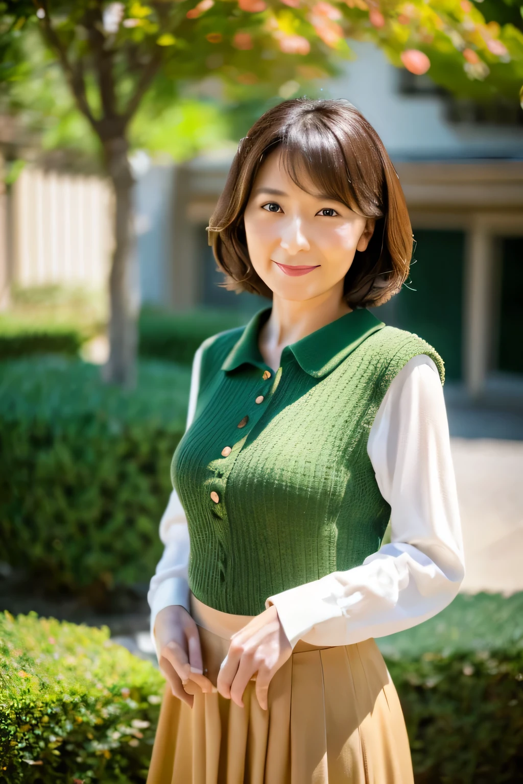 (8k, highest quality, masterpiece: 1.2), Japanese women, Super detailed, highest quality, Ultra-high resolution, Professional Lighting, Photon Mapping, Radio City, Physically Based Rendering, Cinema Lighting, Depth of written boundary, focus on, Sun rays, Good composition, (Bokeh: 1.2), 1 female, (whole body), Bright smile, Beautiful Eyes, Pause, narrow, Brown Hair, short hair, Prairie Blouse Green, skirt, garden,Japanese,Mature Woman,D cup breasts