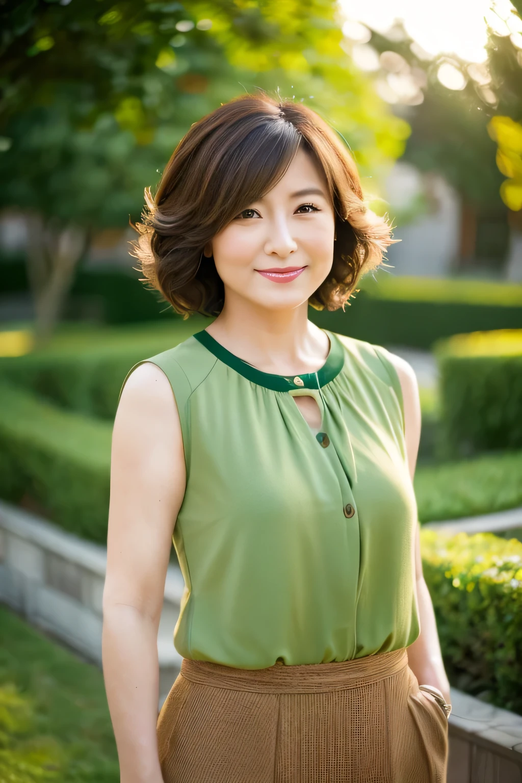 (8k, highest quality, masterpiece: 1.2), Japanese women, Super detailed, highest quality, Ultra-high resolution, Professional Lighting, Photon Mapping, Radio City, Physically Based Rendering, Cinema Lighting, Depth of written boundary, focus on, Sun rays, Good composition, (Bokeh: 1.2), 1 female, (whole body), Bright smile, Beautiful Eyes, Pause, narrow, Brown Hair, short hair, Prairie Blouse Green, skirt, garden,Japanese,Mature Woman,D cup breasts