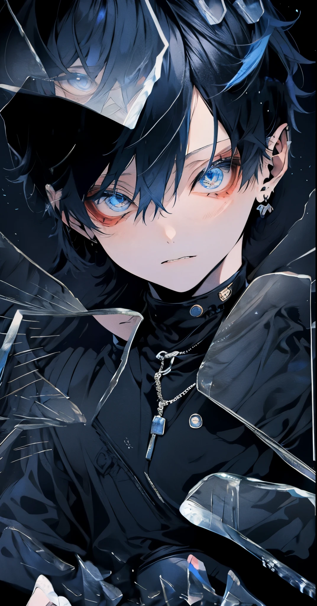 Black short hair，blue eyes，1 cool boy，Look forward，Black clothes