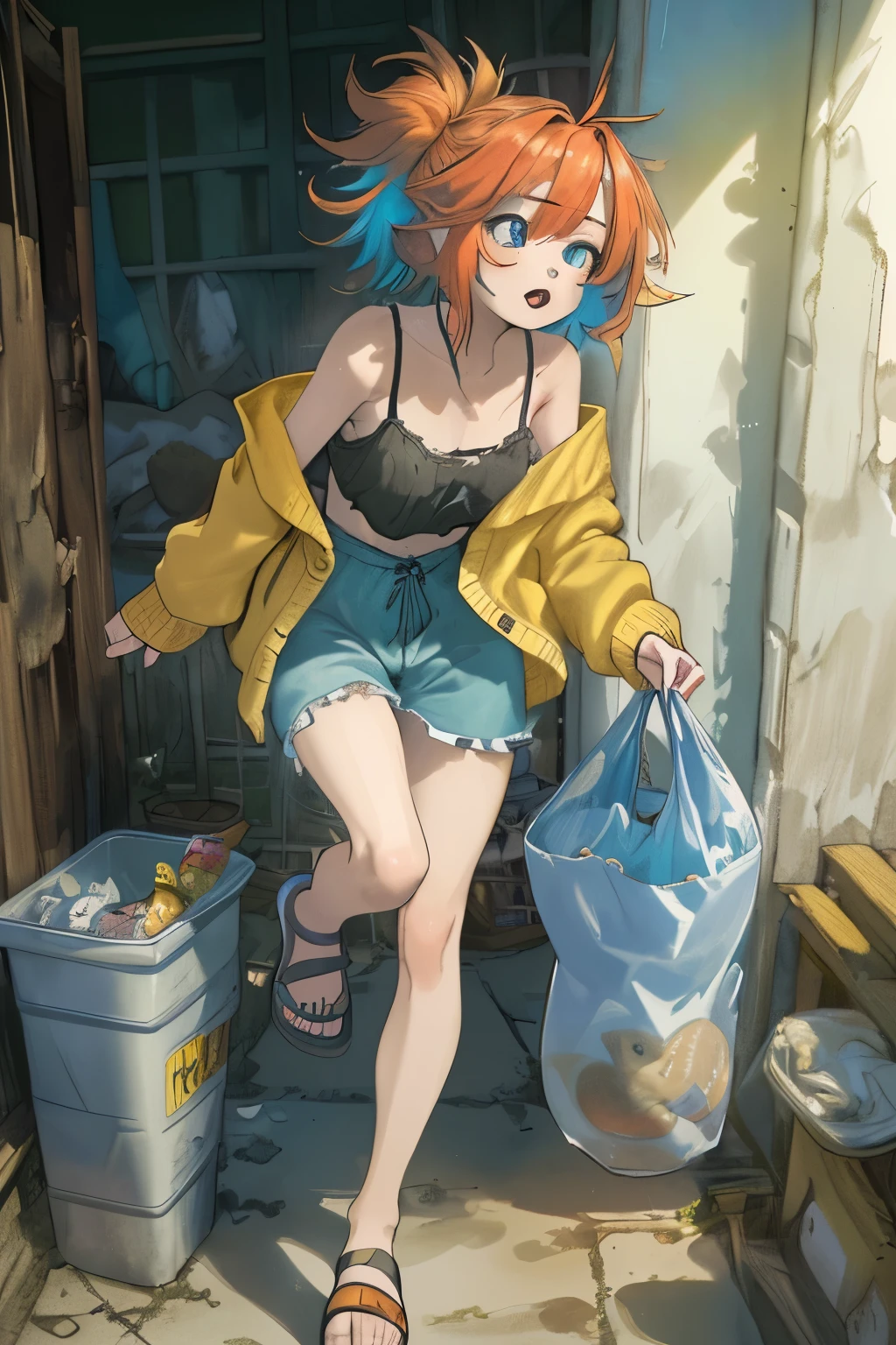 (8K, best quality, master piece: 1.2),super A high resolution,1 Very cute and beautiful girl,ultra-detailed face,detailed eyes,sleepy,open mouth,multicolored hair,(bedhead),Carrying a large garbage bag ,blue camisole,red jersey bottoms with two white tripes,yellow cardigan falling off one shoulder,Slip-on sandals,rim light,Coming out of the front door of the house,Slums,(cats)