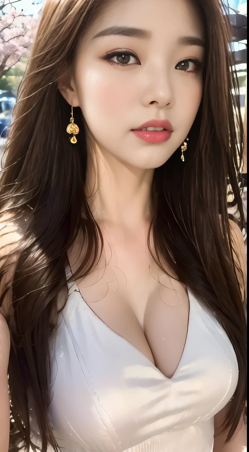 ((highest quality, 8k, masterpiece :1.3)), One Girl, close, Asking for a kiss:1.5,Red lipstick,Dark lipstick:1.2,Beautiful woman, Big Breasts:1.3,Light purple long dress,Highly detailed face, fine grain, double eyelid,  Blur the background, outside, sunny,cherry blossoms, spring, nature,amusement park, (Maximum resolution: 1.4), (Ultra high definition: 1.2), Cinematic Light, (Detailed eyesと肌), (Detailed facial features), 8k resolution, Perfect Style, Beautiful expression、Highly detailed faceと肌の質感、Detailed eyes、double eyelid、((Pure white skin:1.2)),Glossy Lips:1.2、Detailed lips,Wet lips,((Full Body Shot:1.2)),(Straight Hairstyles、Light brown hair)、One-length long hair、175cm,From above