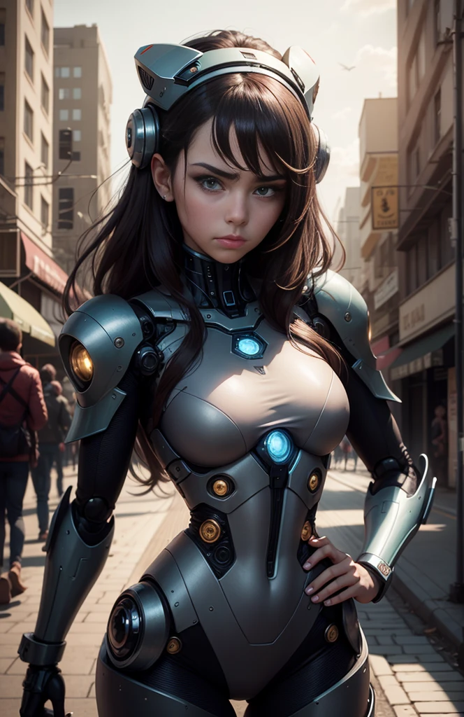 A very beautiful girl is unhappy in a robot city