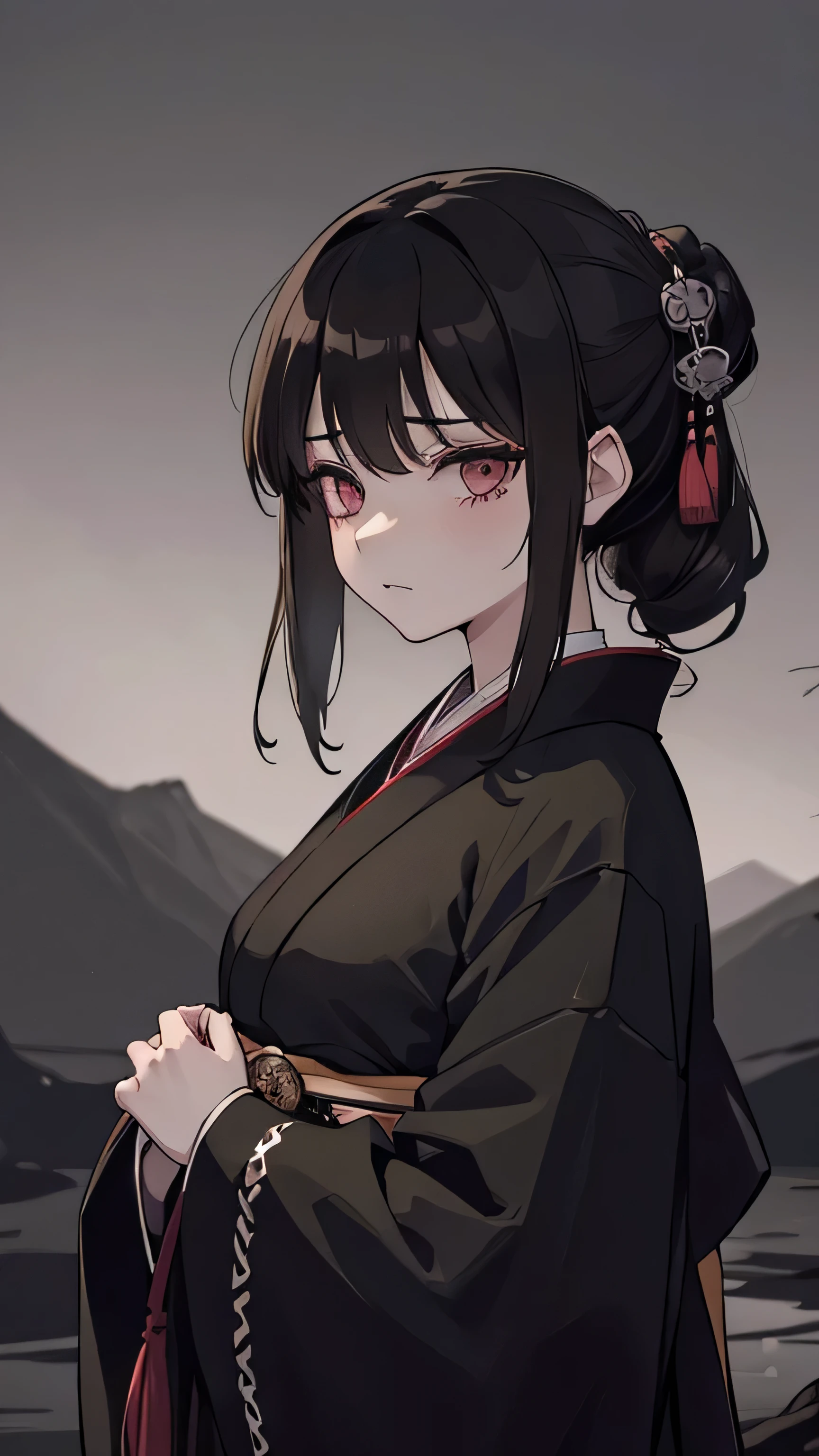 taisho period Japan woman, dark aesthetic, darkwave aesthetic, grunge aesthetic, eerie moorlands behind her, dark aesthetics, eerie thriller aesthetic, dark and moody aesthetic, ominous gothic aesthetic, goth aesthetic, gloomy style, medium length dirty brown hair, kimetsu no yaiba, wearing dark grunge olive green clothes