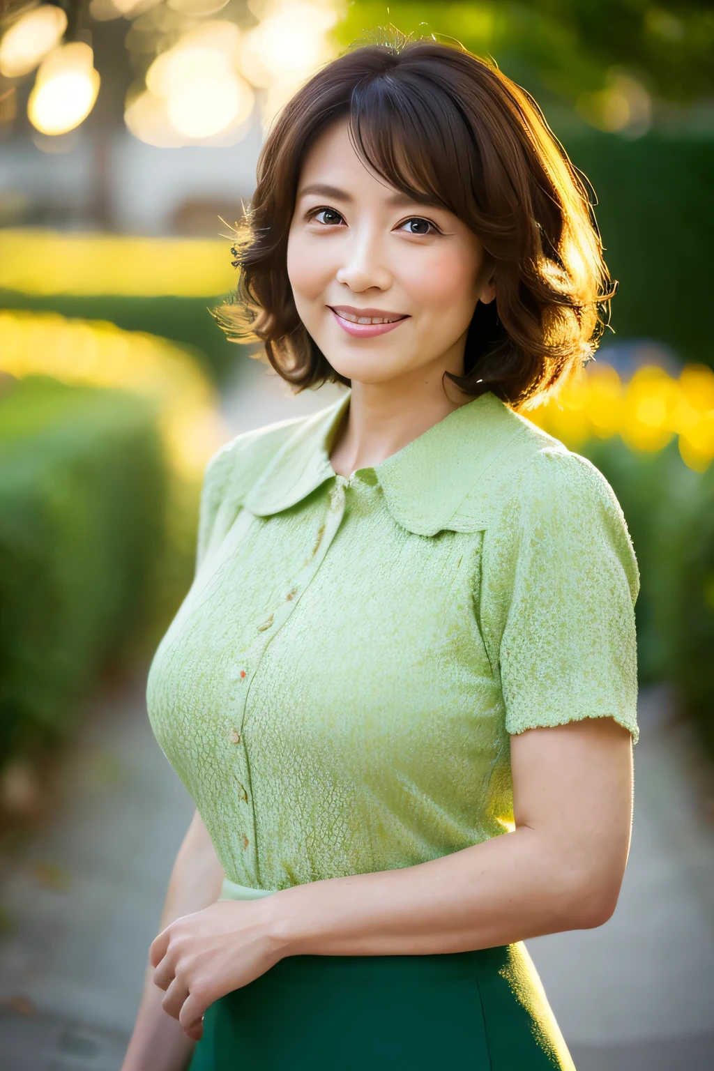 (8k, highest quality, masterpiece: 1.2), Japanese women, Super detailed, highest quality, Ultra-high resolution, Professional Lighting, Photon Mapping, Radio City, Physically Based Rendering, Cinema Lighting, Depth of written boundary, focus on, Sun rays, Good composition, (Bokeh: 1.2), 1 female, (whole body), Bright smile, Beautiful Eyes, Pause, narrow, Brown Hair, short hair, Prairie Blouse Green, skirt, garden,Japanese,Mature Woman,D cup breasts