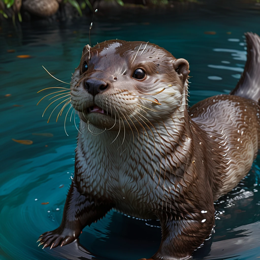 ((Realistic)), (Photorealistic、Realistic), Reference Photo, 最high quality, high quality, (Detailed face and eyes:1.1), , , ((Otter)), (CG),(It grows water wings on its back and flies at high speed.)、 Scattered beneath the surface,  (A detailed body), ((cute)), (Detailed fur:1.1),  Photorealism, Volumetric lighting,anime、Simple Background