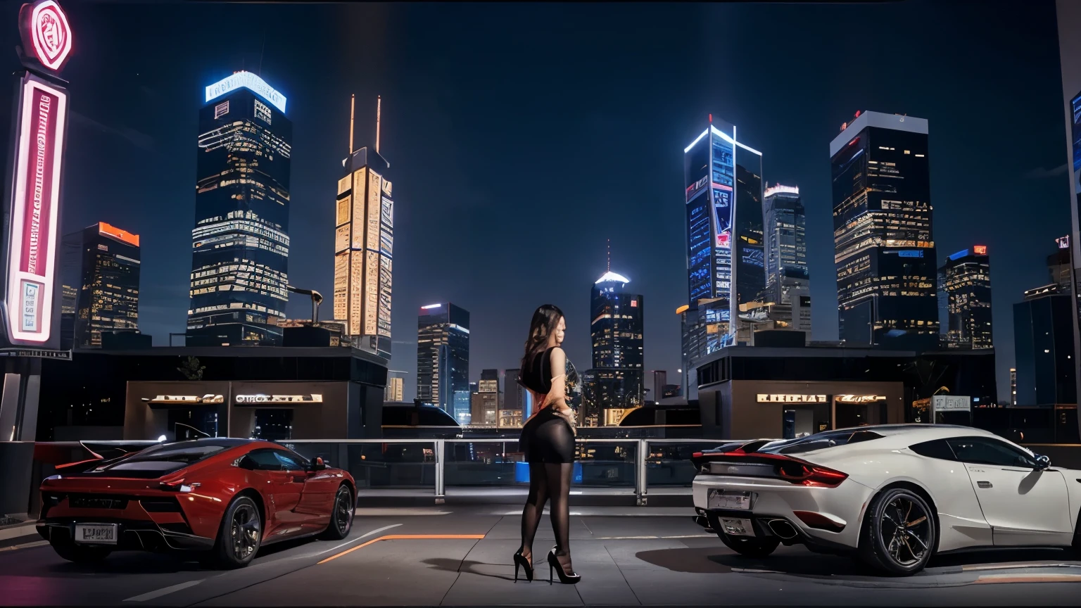 Image of a modern urban landscape with tall skyscrapers and many bright lights. In the foreground - computer interface of online casino with colorful slot machines and tables for playing. Around the screen are elegant girls in revealing outfits, stockings and high heels posing next to luxurious sports cars. The lighting emphasizes their exquisite style and creates an atmosphere of luxury and excitement right from the cozy corner of the city.