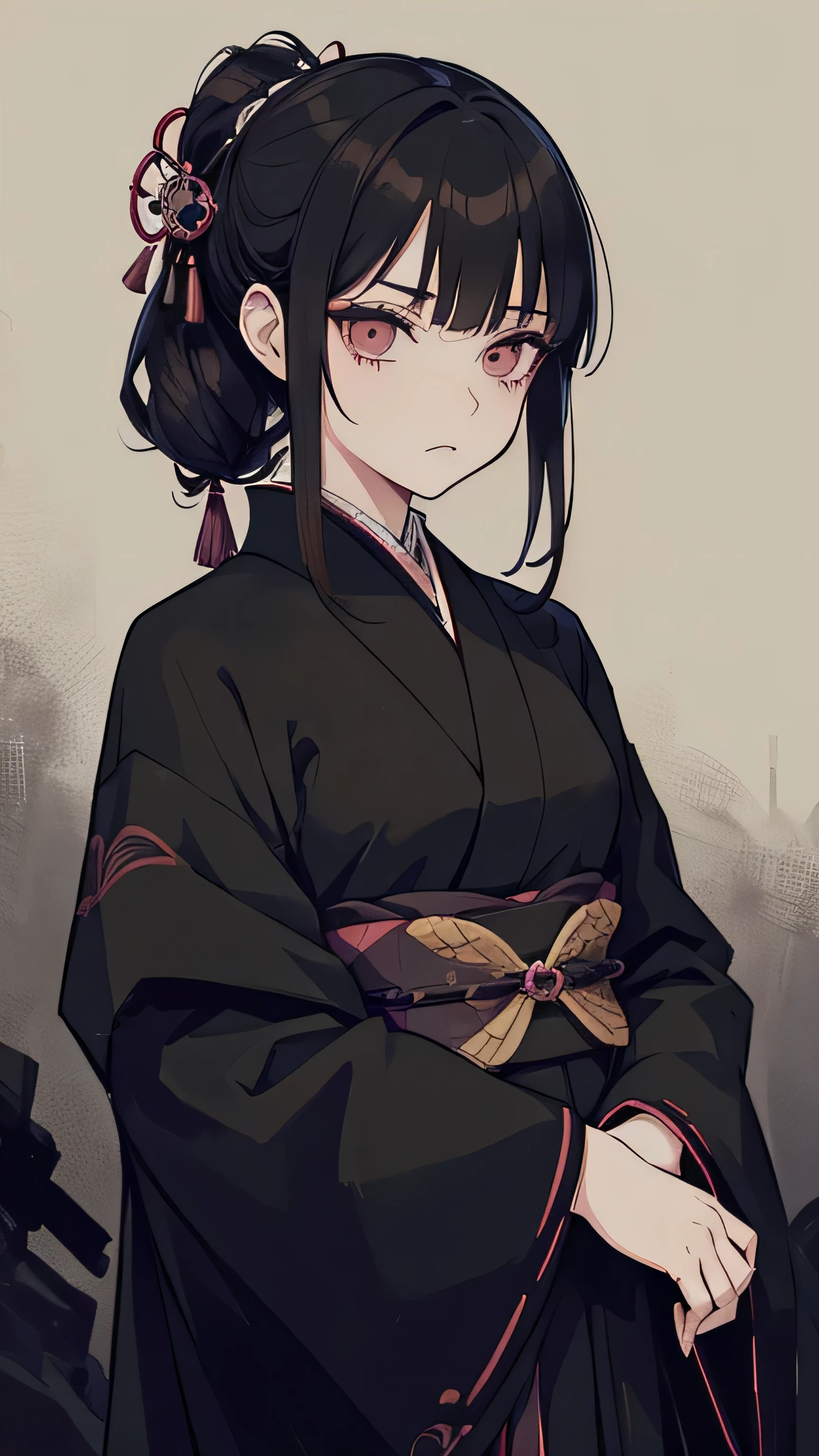 taisho period Japan woman, dark aesthetic, darkwave aesthetic, grunge aesthetic, eerie moorlands behind her, dark aesthetics, eerie thriller aesthetic, dark and moody aesthetic, ominous gothic aesthetic, goth aesthetic, gloomy style, medium length dirty brown hair, kimetsu no yaiba, wearing dark grunge olive green clothes