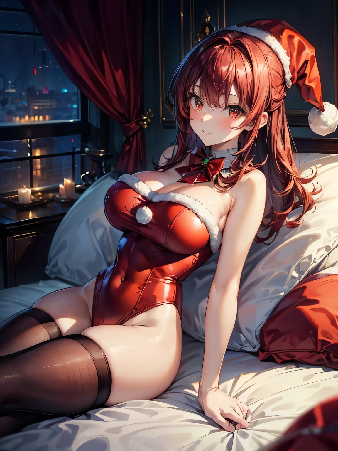 highest quality、Nice sexy body、One Woman、solo、(Beautiful busty woman:1.5)、Medium hair woman、((Woman with dark red hair))、Santa Claus Costume、Woman wearing a Santa Claus hat、(A woman wearing a red Santa Claus high-leg leotard:1.3)、(A woman wearing brown pantyhose)、A woman wearing a red Santa Claus cape、Smiling woman、Christmas tree、Bedroom、bed、illumination