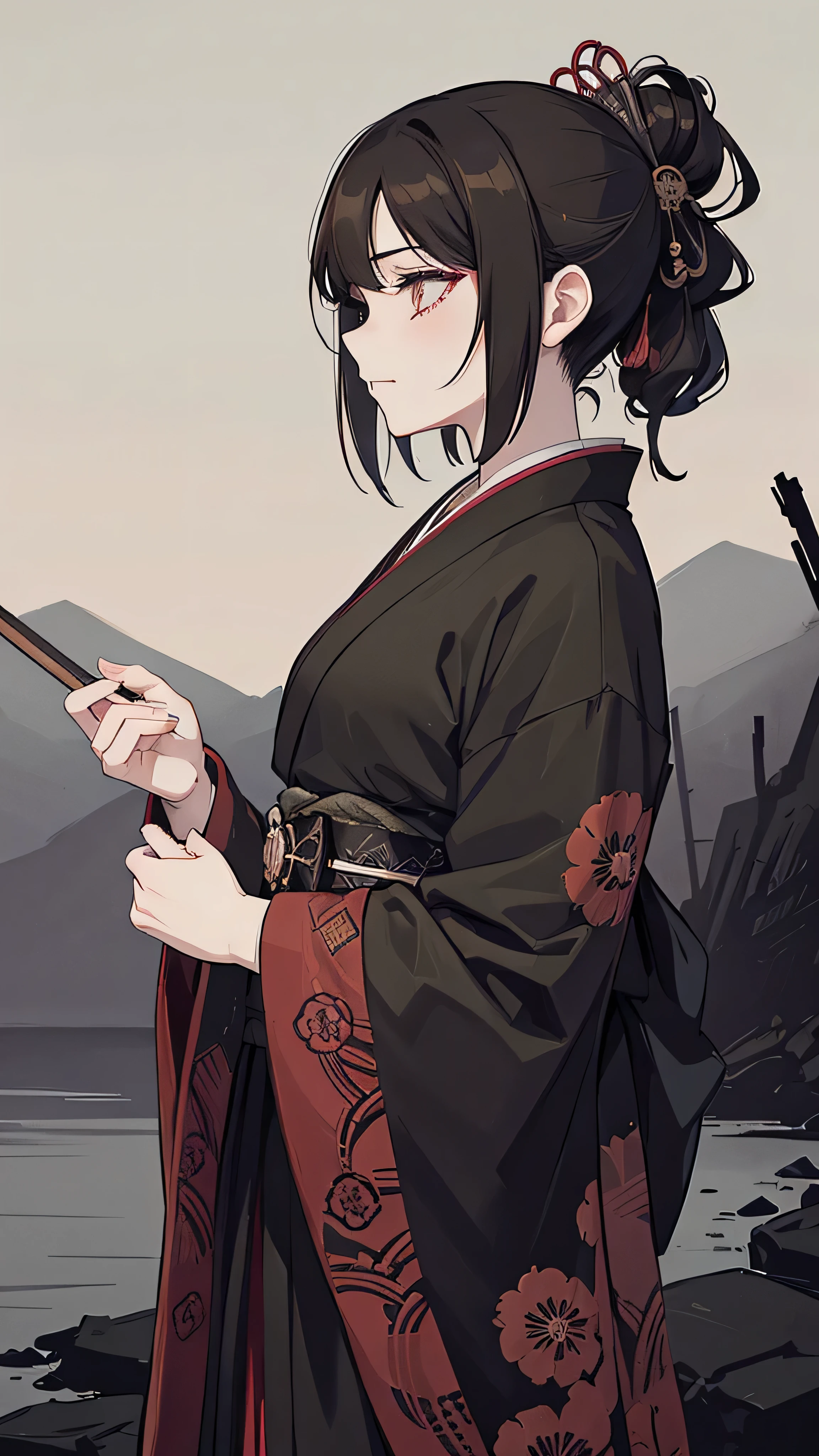 taisho period Japan woman, dark aesthetic, darkwave aesthetic, grunge aesthetic, eerie moorlands behind her, dark aesthetics, eerie thriller aesthetic, dark and moody aesthetic, ominous gothic aesthetic, goth aesthetic, gloomy style, medium length dirty brown hair, kimetsu no yaiba, wearing dark grunge olive green clothes