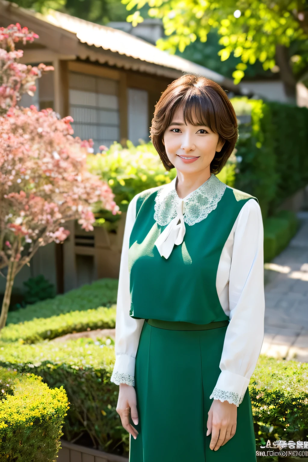 (8k, highest quality, masterpiece: 1.2), Japanese women, Super detailed, highest quality, Ultra-high resolution, Professional Lighting, Photon Mapping, Radio City, Physically Based Rendering, Cinema Lighting, Depth of written boundary, focus on, Sun rays, Good composition, (Bokeh: 1.2), 1 female, (whole body), Bright smile, Beautiful Eyes, Pause, narrow, Brown Hair, short hair, Prairie Blouse Green, skirt, garden,Japanese,Mature Woman,D cup breasts