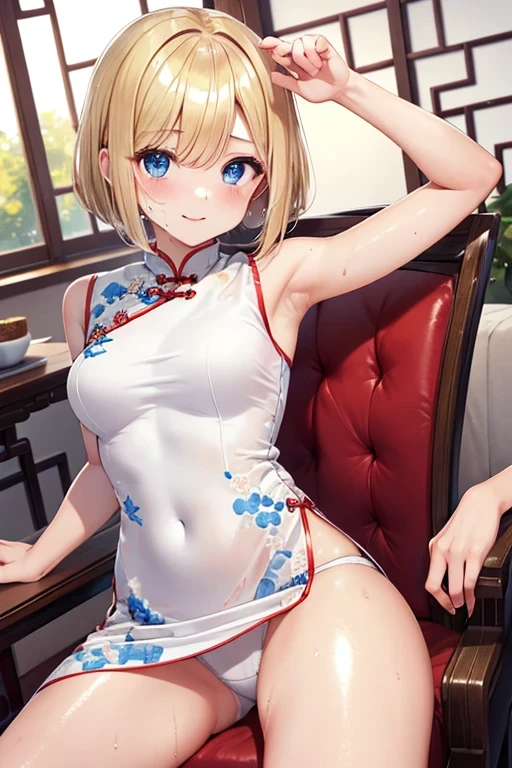 (masterpiece,highest quality,超A high resolution),Japanese women, (((Very beautiful 18 year old girl))), pretty girl、Look at the photographer、 ((Beautiful blonde bob hair)), Very cute face, Glossy Lips, Double eyelids on both eyes, blue eyes, Natural smile、 Natural Makeup, Long eyelashes, Shiny and smooth hair、Center image, Perfect limbs, Perfect Anatomy,(((Shiny Chinese Dress white panties))),Show panties、Bite、Streaks are visible、Wet with sweat,Cowboy Shot,Sit on a chair、Show both armpits