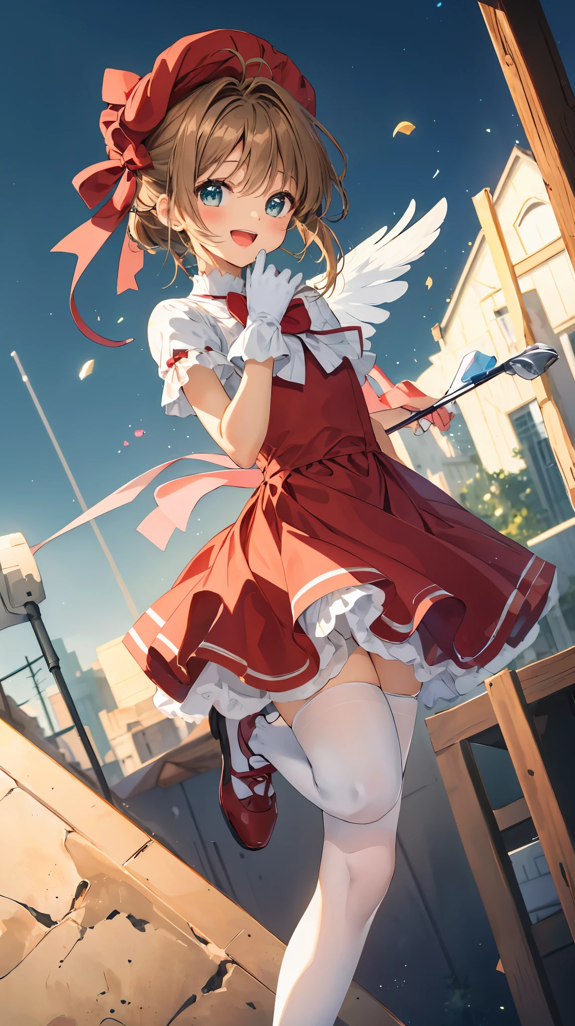 (upper body),Cardcaptor_Sakura,short stature,red dress,open mouth,smile,blush,(standing on one leg,leg up),white panty,(panty shot),masterpiece,Noise Reduction,perfect anatomy,high resolution, ultra-detailed,game cg,dutch angle ,beautiful detailed eyes,visualart,five fingers, perfect hands, perfect lighting,