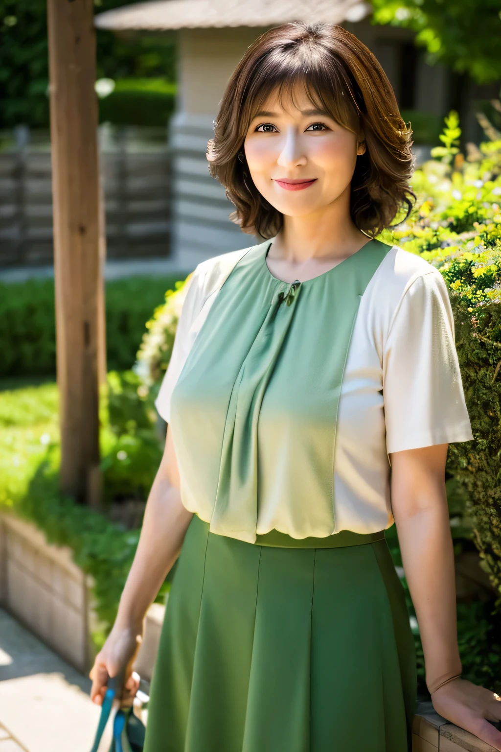 (8k, highest quality, masterpiece: 1.2), Japanese women, Super detailed, highest quality, Ultra-high resolution, Professional Lighting, Photon Mapping, Radio City, Physically Based Rendering, Cinema Lighting, Depth of written boundary, focus on, Sun rays, Good composition, (Bokeh: 1.2), 1 female, (whole body), Bright smile, Beautiful Eyes, Pause, narrow, Brown Hair, short hair, Prairie Blouse Green, skirt, garden,Japanese,Mature Woman,D cup breasts