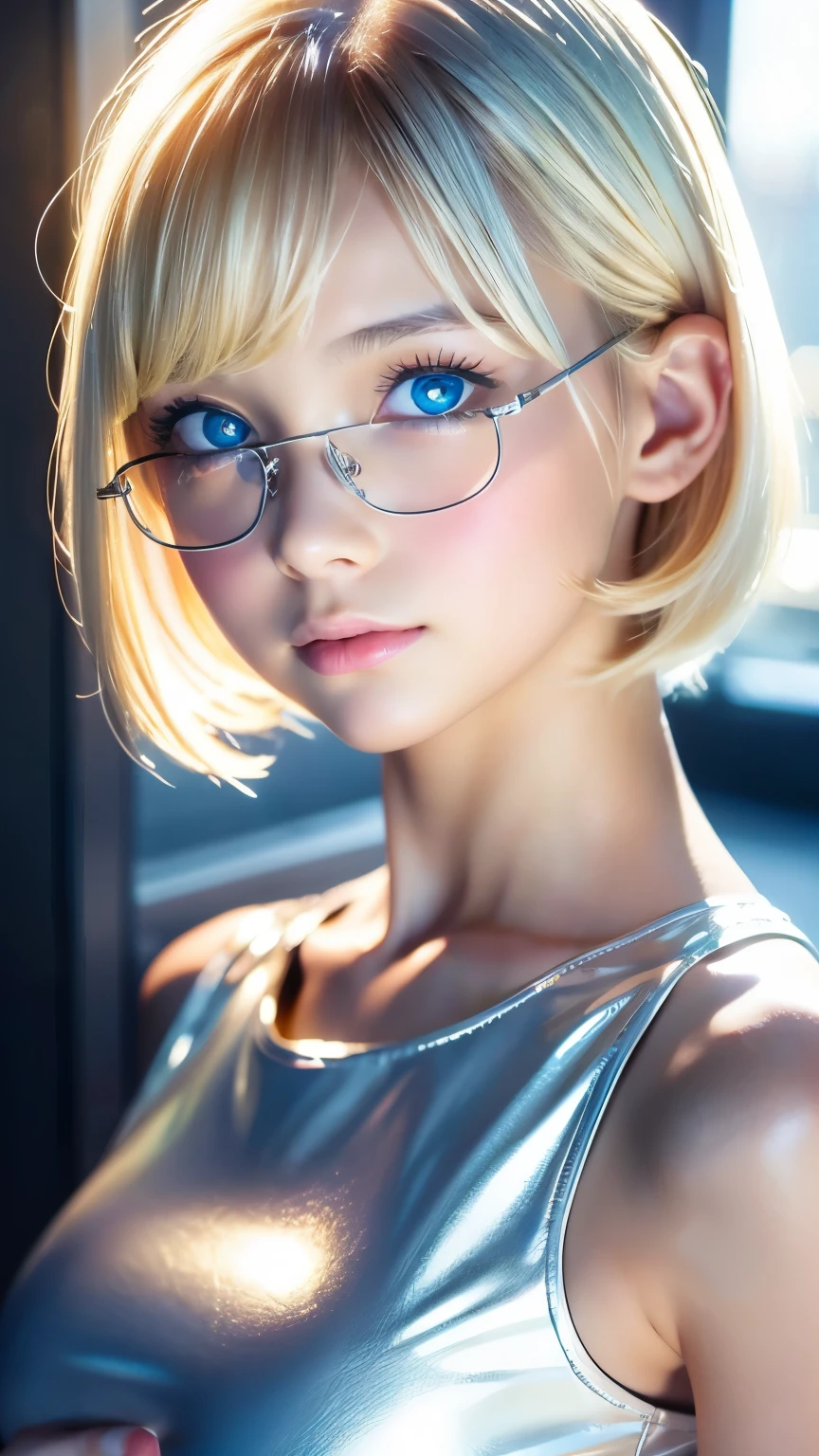 Beautiful and fair、Radiant Skin, 3 Up, Gorgeous, bright, Refreshing and gentle expression, Perfect beautiful face、Blonde short hair，Beautiful shiny bangs, A very beautiful 17 year old girl, Eyeliner, Very perfect and beautiful lovely big clear sky blue eyes，Very large breasts，Grooves reveal original skin，Muscular body，Silver glasses，White tight leather jacket