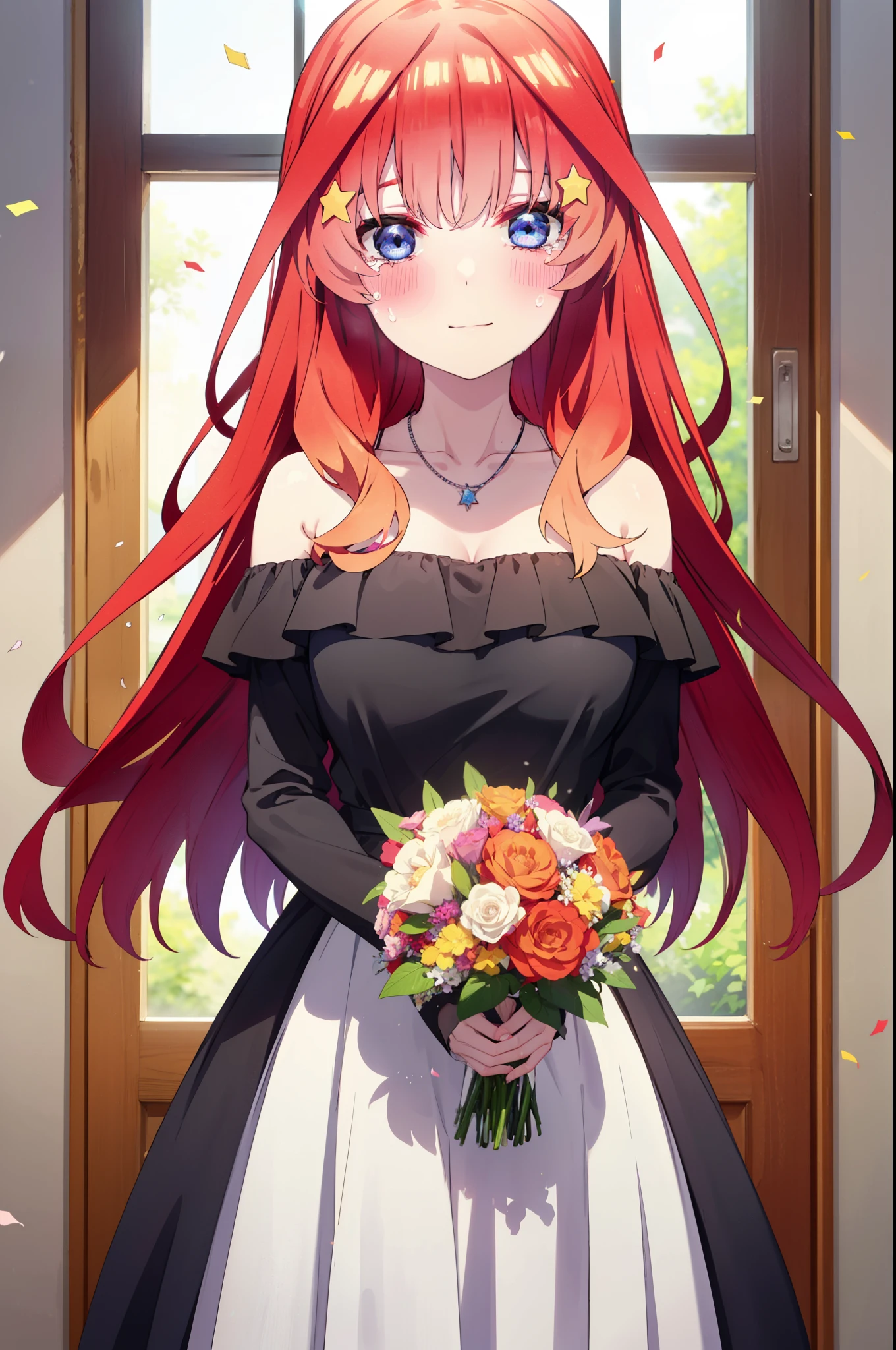 itsukinakano, Itsuki Nakano, bangs, blue eyes, Hair between the eyes, Ahoge, Redhead, star \(symbol\), hair ornaments, tiara,star hair ornaments,smile,blush,Red off-the-shoulder dress,Long skirt,Red Pin Heel,Sleeveless,Exposing shoulders,Bare arms,Bare neck,bare clavicle,Heart Necklace,Tears stream down her face,Tears of joy,I cry a lot,holding a large bouquet of flowers in each hand,Confetti,
break indoors, on stage,
break looking at viewer, (Cowboy Shot:1.5),
break (masterpiece:1.2), highest quality, High resolution, unity 8k wallpaper, (shape:0.8), (Beautiful details:1.6), Highly detailed face, Perfect lighting, Extremely detailed CG, (Perfect hands, Perfect Anatomy),