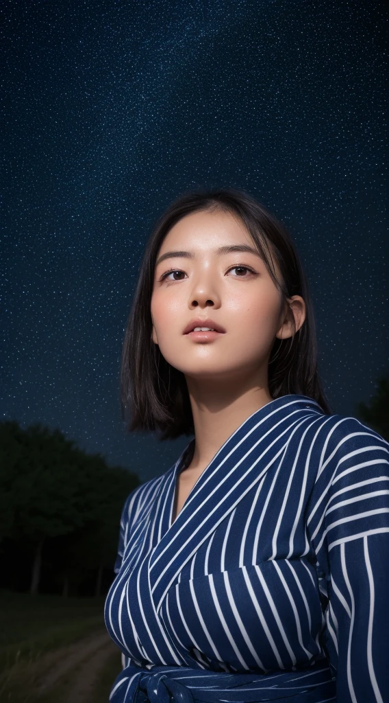 ((Night road in the countryside:1.5))、((Starry sky:1.4))、((Young woman wearing yukata with white vertical stripes:1.3))、((From below:1.4))、((Looking Up:1.4))、(​masterpiece、top-quality) 、Soft lighting、absolutely outstanding image, very extremely beautiful、​masterpiece, top-quality,Photos, kawaii、(Colossal tits:1.2)、20 year old girl、(The skin is reddened:1.3)、Young adorable Japan face, dewy skin, close up of face, Young Face, soft portrait shot 8 k, If々Shishi Japan girl realistic young idol、Young cute gravure idol、Young Sensual Gravure Idol、Young gravure idolodel in Japan