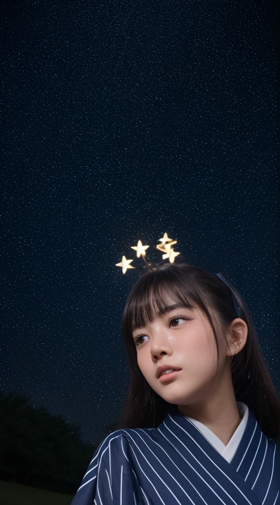 ((Night road in the countryside:1.5))、((Starry sky:1.ung woman wearing yukata with white vertical stripes:1.3))、((From below:1.4))、((Looking Up:1.4))、(masterpiece、top-quality) 、Soft lighting、absolutely outstanding image, very extremely beautiful、masterpiece, top-quality,Photos, kawaii、(Colossal tits:1.2)、20 year old girl、(The skin is reddened:1.3)、Youngable Japan face, dewy skin, close up of face, Young Face, soft portrait shot 8 k, If々Shishi Japan girl realistic young idol、Young cute gravure idol、Young Sensual Gravure Idol、Young gravure idolodel in Japan