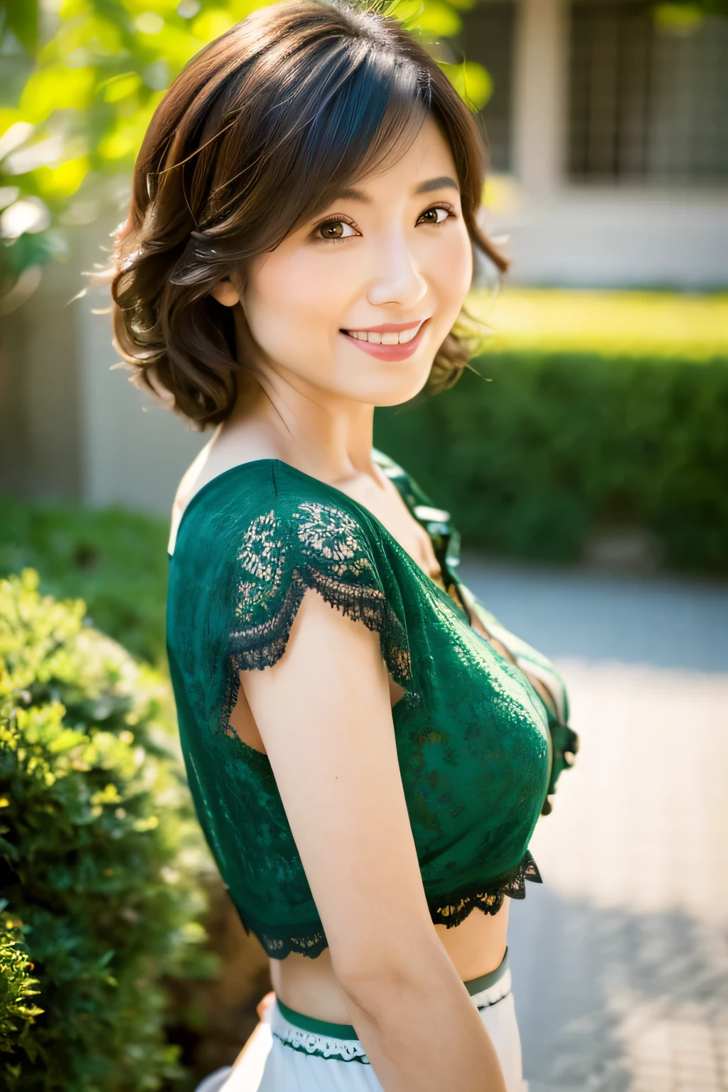 (8k, highest quality, masterpiece: 1.2), Japanese women, Super detailed, highest quality, Ultra-high resolution, Professional Lighting, Photon Mapping, Radio City, Physically Based Rendering, Cinema Lighting, Depth of written boundary, focus on, Sun rays, Good composition, (Bokeh: 1.2), 1 female, (whole body), Bright smile, Beautiful Eyes, Pause, narrow, Brown Hair, short hair,green, lingerie, garden,Japanese,Mature Woman,D cup breasts,Emphasize the chest