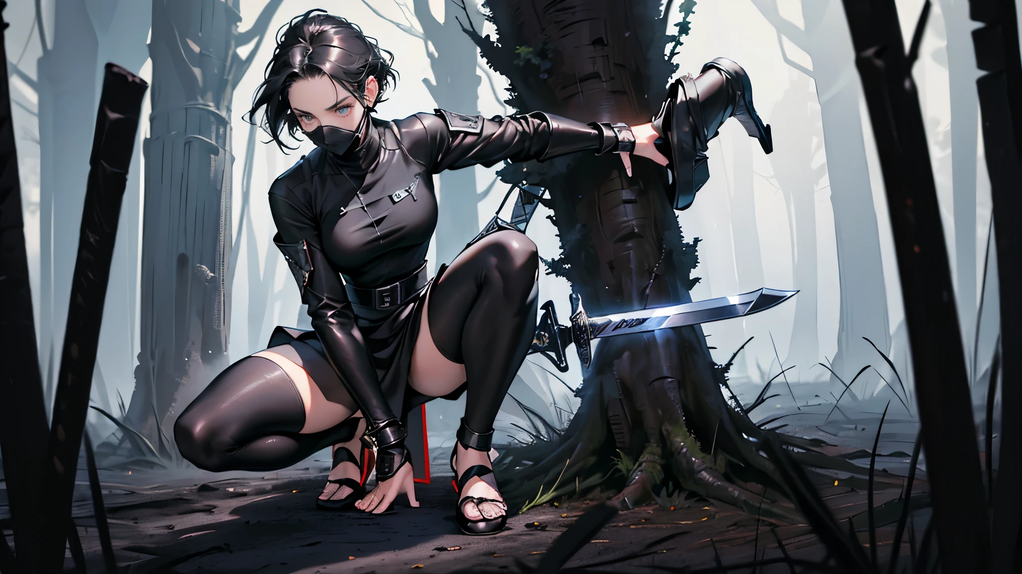 masterpiece, ultra detailed, 8K Portrait, Raw photo, portrait photo of a female, Full body, Highly detailed face, ((Fantasy)), (((Assassin Woman))), ((Young beautiful)), 23 years old, (((Tight eyes))), (((face mask))), Dynamic Pose, (((Black very short hair))), ((Forehead)), (((long-sleeved Black tight shirt))), (((Black culottes))), (black tights:1.5), leather armor, (((Equip Crimson Gauntlet))), (((Leather Sole Sandals))), black body stockings, (((Equip two black short swords))), Midnight Moon, Hyper realistic, Body model, Long legs, ((Slender body)), crouching on a tree branch, Ambient lighting, Shadow details, Camera focus on face, strong breeze, Light fog,