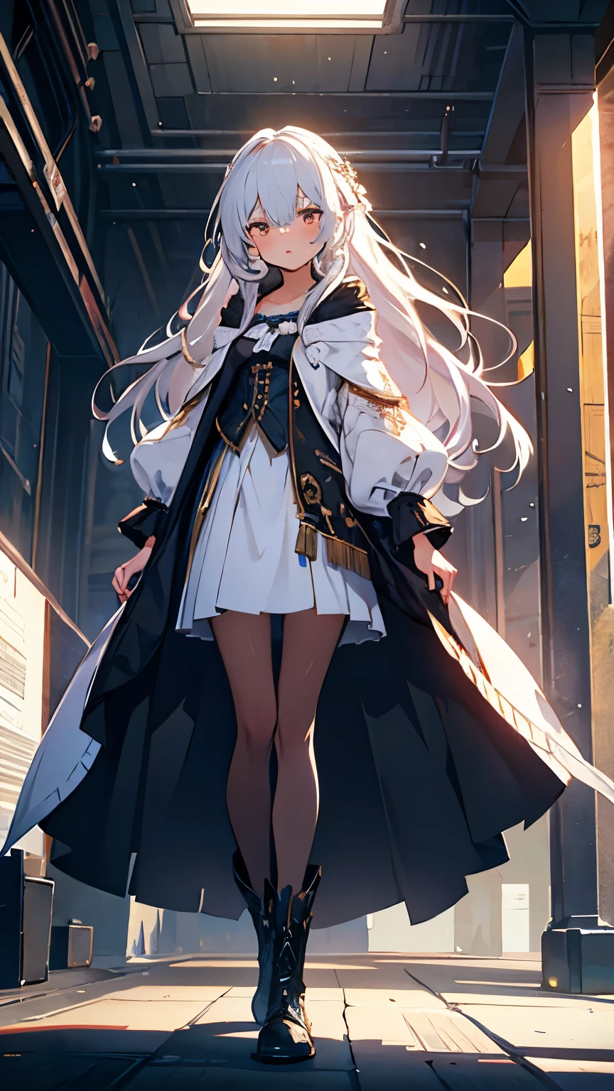 (QUALITY:0)
8k, 8k wallpaper, (an extremely delicate and beautiful:1.1), (beautiful detailed eyes:1.3), (best illustration:1.1), (best quality:1.3), (best shadow:1.1), (cinematic lighting:1.2), detailed eyes, (detailed_light:1.1), (dreamy:1.1), (extremely detailed CG unity 8k wallpaper:1.1), highres, (masterpiece:1.3), official_art, ray tracing, (stylized:1.3), trending on artstation, (ultra_detailed:1.2)
(STYLE & COMPOSITION:0)
1woman, (from_below, full_body:1.4), solo
(POSE & EXPRESSION:0)
blush, head_tilt, legs_apart, lips_apart, looking_at_viewer, standing, unamused
(CHARACTER:0)
Red_eyes, white_hair, white_long_hair, (dualtone_hair,blue_outer, black_inner), silk_white_pantyhose, heavy_clothes, white_shirt, white_skirt, breasts_apart, blouse, white_blouse, fluffy_blouse, white_robe, ornate_robe, robe, collarbone, high_boots, lips, long_sleeves, makeup, plaid_skirt, shiny_hair, shrug_\(clothing\), (small_breasts:1.3), very_long_hair
(BACKGROUND:0)
(TEXTUAL INVERSION:0)